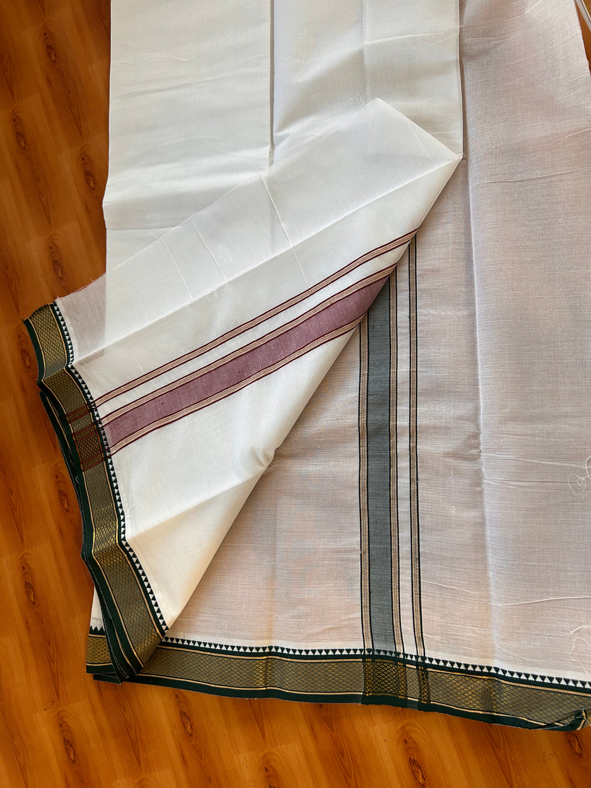 Pure White Double Mundu/Dhoti - 20% Discount ! KaithariKada - Mixed Cotton 60s Thread - 1.5 inch Green & Maroon Gold Kasav Kara 4 mtr (8.5 muzham) - 4 KK5529 SAR