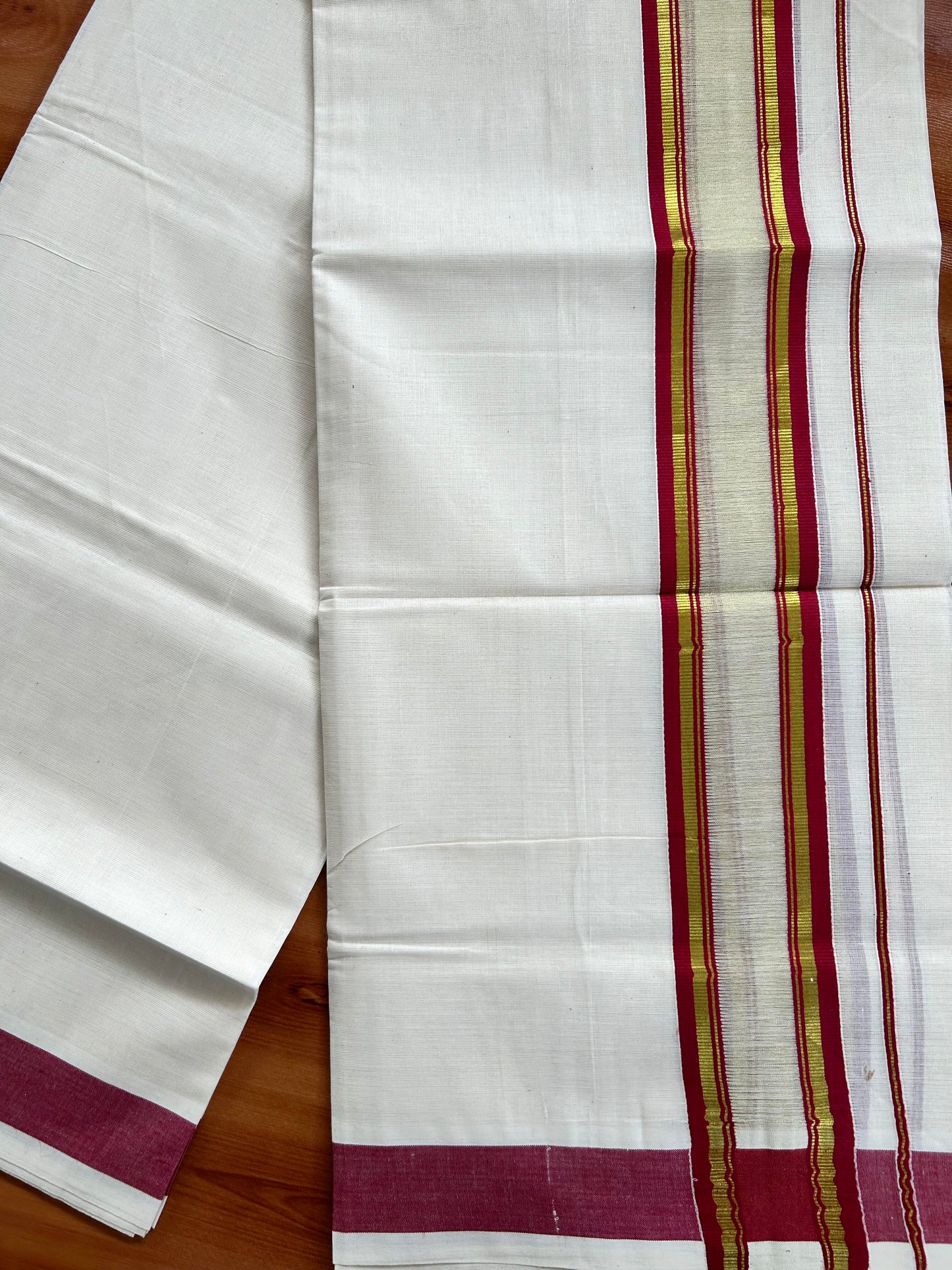 Double Off White - (Unbleached) Mundu/Dhoti - 20% Discount! KaithariKada Balaramapuram Pure Cotton - 80s - 2.25 inch Gold Kasav & Center Tissue Maroon Striped Kara - 4 mtr (8.5 Muzham) - 13 KK5413 GAN