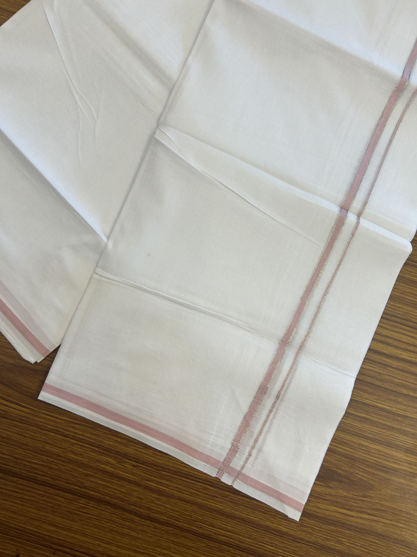 20% Discount! KaithariKada Balaramapuram 100% Cotton Double Pure white Mundu/Dhoti- 100x80 - 0.25 inch Silver Kasav Baby Pink kara - 3.75 mtr ( 8 muzham) - 5 KK5315 VAS