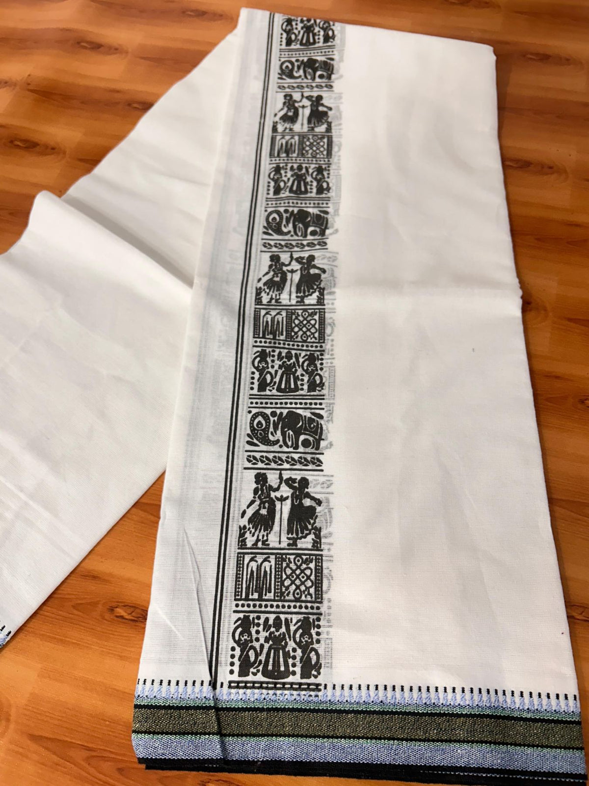 Single Kaily / Lungi - Kaitharikada - Mixed Cotton - 40s twisted - 2.5 inch Ash Black Printed Design Kara With White Colour Body (2 meter / 4 muzham) - 54 KK8088 SAT