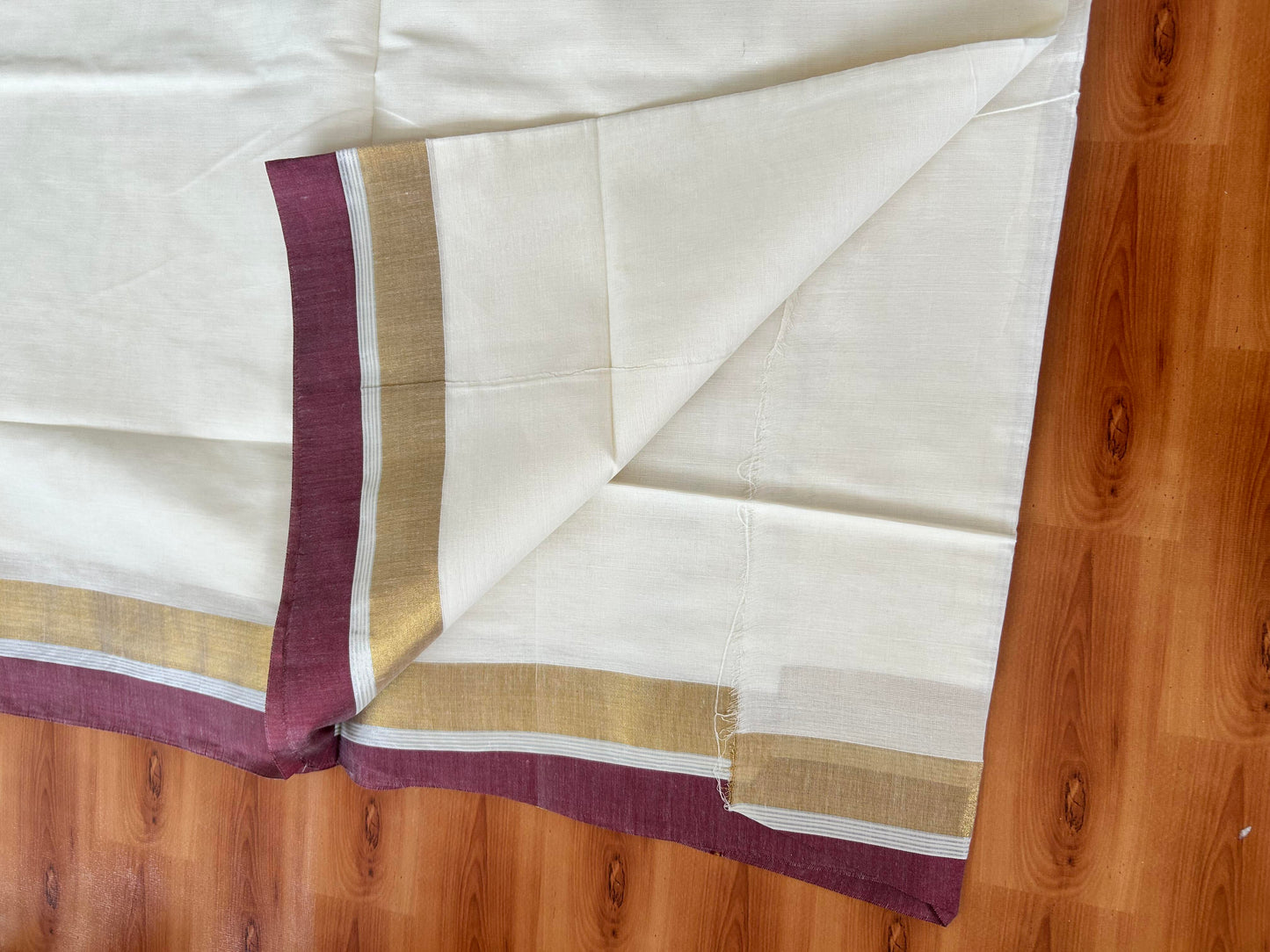25% Discount! Kaitharikada Kerala Traditional Saree Off white- Mixed Cotton Kasavu Saree - 3.5 Inch Pallu - Gold Silver Kasav & Maroon Kara - 3 KK7000 PMC