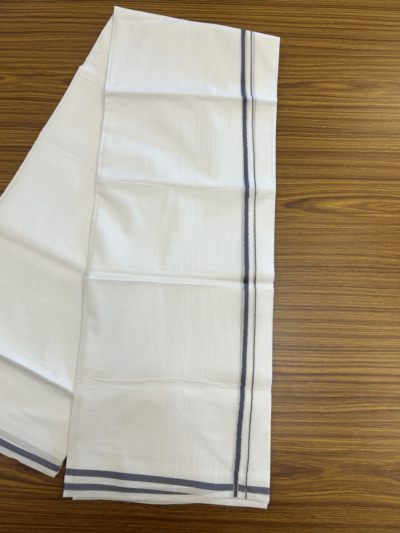20% Discount! KaithariKada Balaramapuram 100% Cotton Double Pure white Mundu/Dhoti- 100x80 - 0.25 inch Silver Kasav Lavender Blue kara - 3.75 mtr ( 8 muzham) - 3 KK5315 VAS