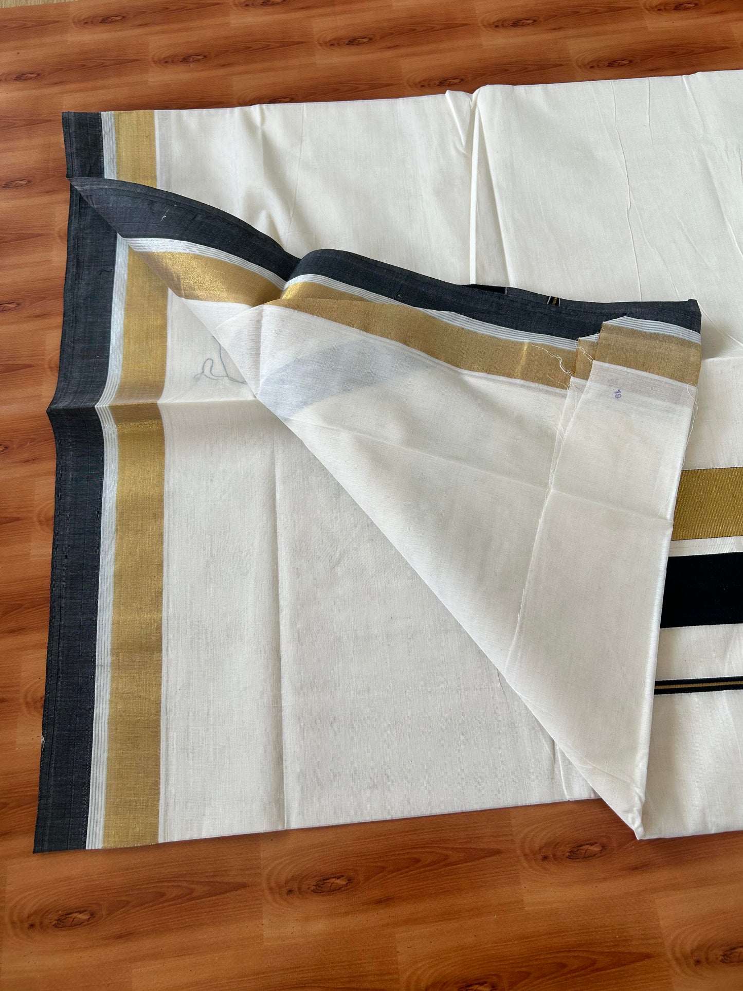 25% Discount! Kaitharikada Kerala Traditional Saree Off white- Mixed Cotton Kasavu Saree - 3.5 Inch Pallu - Gold Kasav & Black Kara - 4 KK7000 PMC