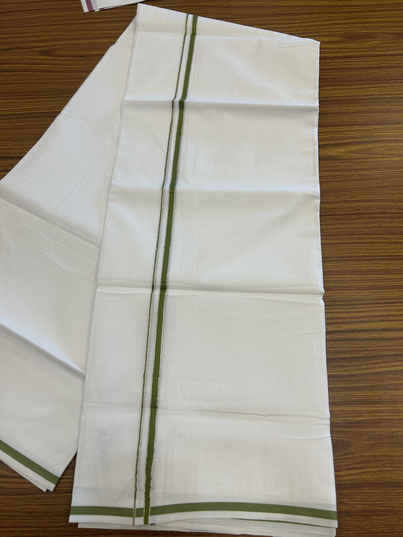 20% Discount! KaithariKada Balaramapuram 100% Cotton Double Pure white Mundu/Dhoti- 100x80 - 0.25 inch Silver Kasav Olive Green kara - 3.75 mtr ( 8 muzham) - 14 KK5315 VAS
