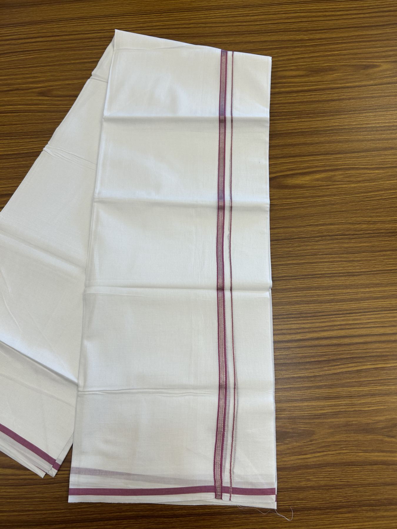 20% Discount! KaithariKada Balaramapuram 100% Cotton Double Pure white Mundu/Dhoti- 100x80 - 0.25 inch Magenta & Silver Kasav striped kara - 3.75 mtr ( 8 muzham) - 17 KK5315 VAS
