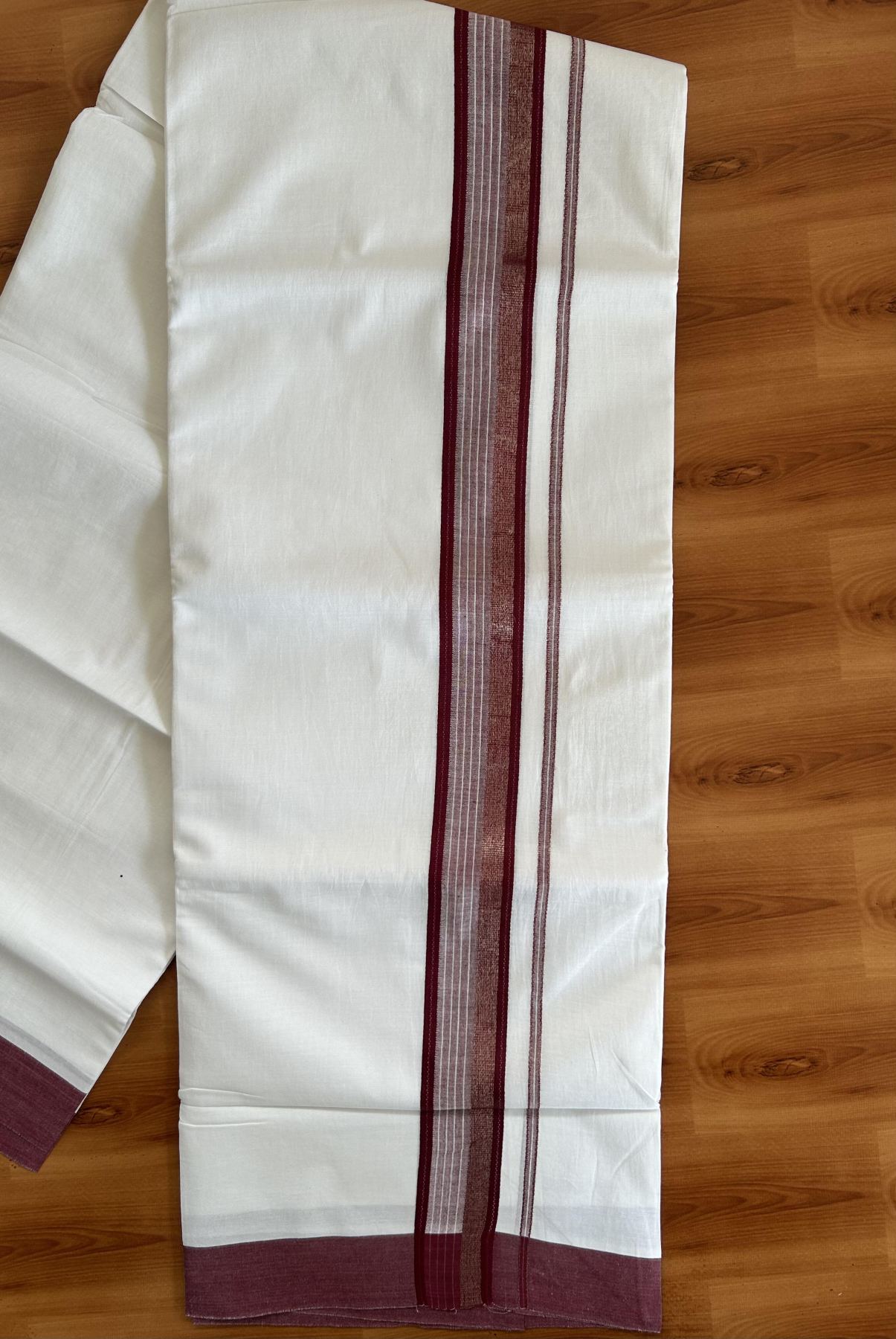 20% Discount ! Kaitharikada Balaramapuram 100% Pure Cotton Double Pure White Mundu/Dhoti - 100x80 - 1.5 inch Dark Maroon & Silver Kasav Stripe Kara 3.80 mtr (8 muzham) - 29 KK5382 VIN