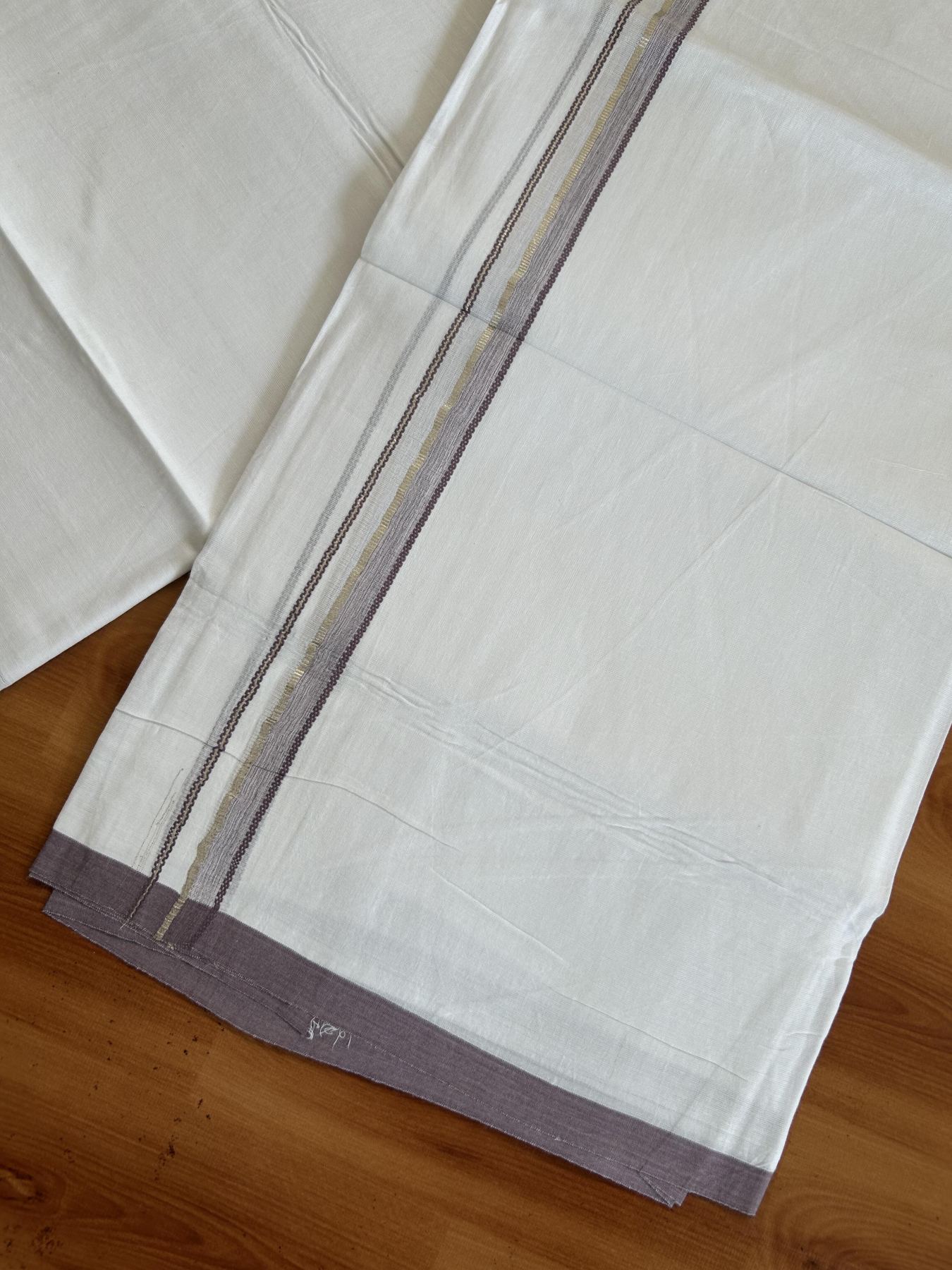 20% Discount ! Kaitharikada Balaramapuram 100% Cotton Pure White Double Mundu/Dothi - 100x80 - 0.5 inch Silver Kasavu & Purple Lavender Design Kara 3.80 mtr (8 muzham) - 10 KK5382 VIN