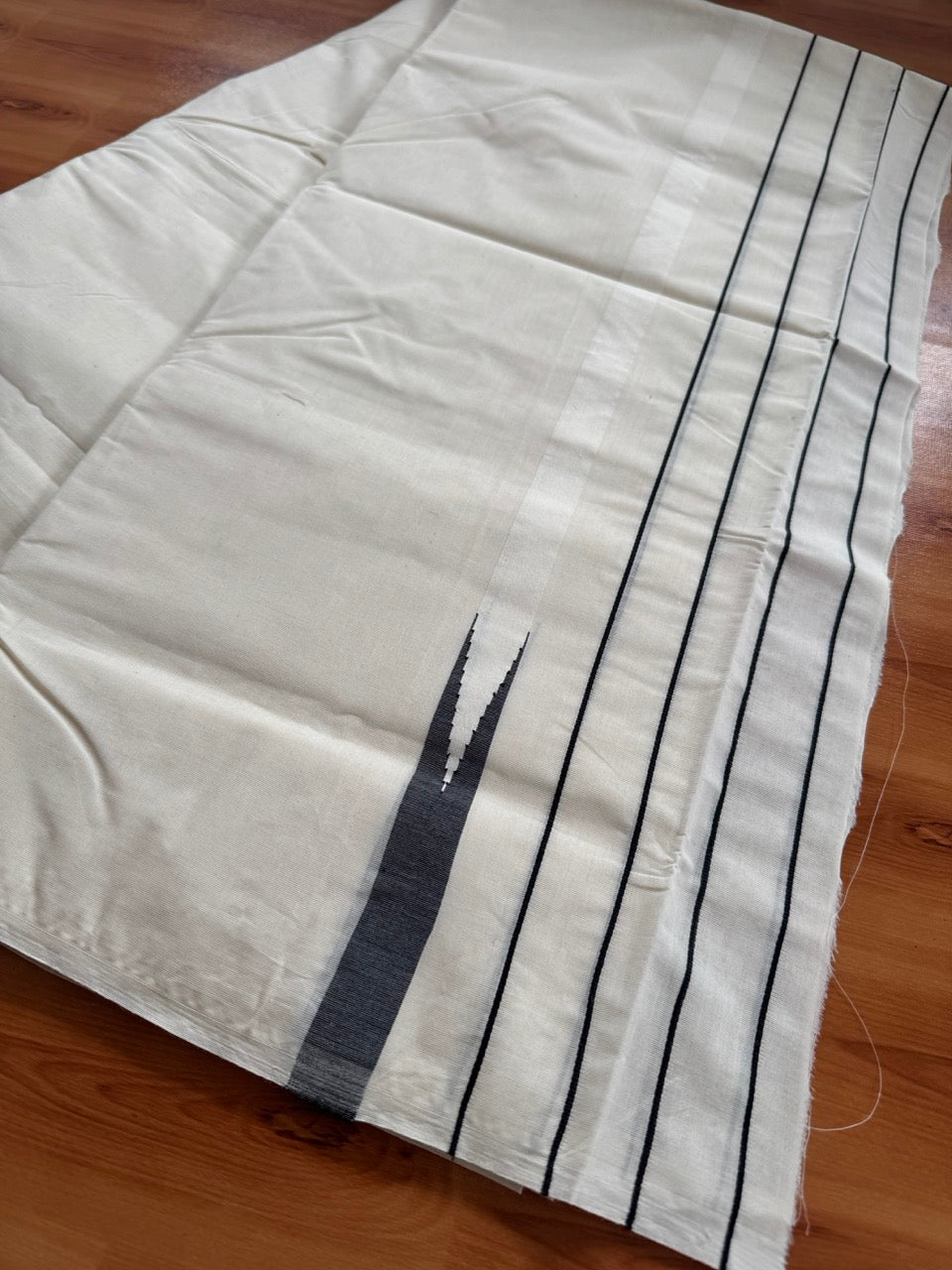 Double Off white Kerala Mundu / Dhoti - 23% Discount! KaithariKada 100% Cotton - 100x100 - Big Chutty & Black Stripes Kara 4 mtr (8.5 muzham) - 2 KK5485 ASH
