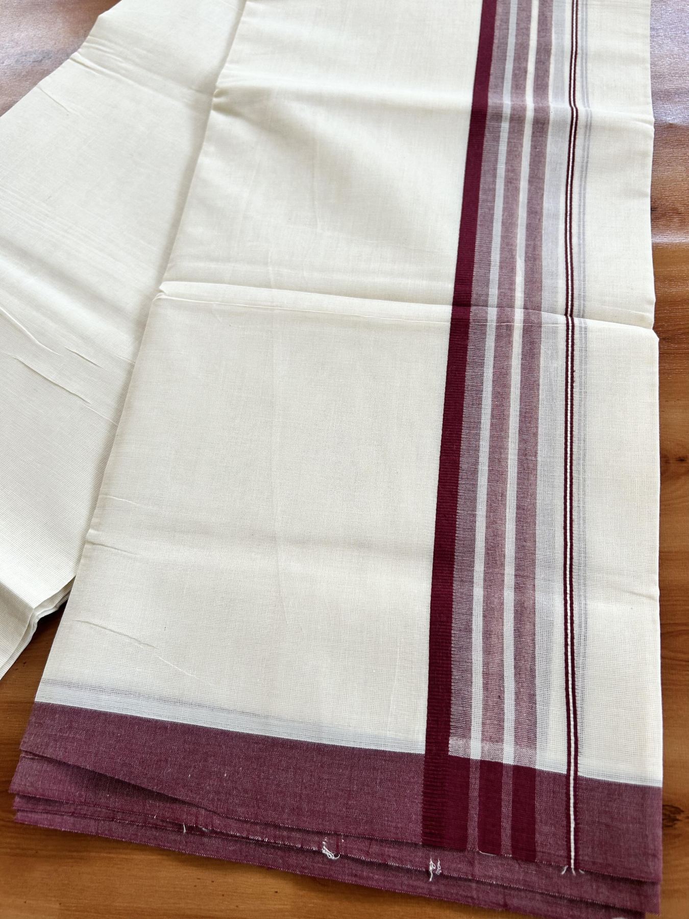 Double Off White (Unbleached) Mundu/Dhoti - 20% Discount! KaithariKada Pure Cotton - 60s - 1.75 inch Maroon Shaded Striped Kara 4 mtr (8.5 Muzham) - 90 KK5460 PMC