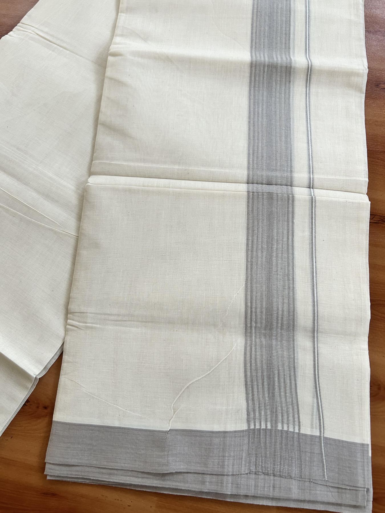 Double Off White (Unbleached) Mundu/Dhoti - 20% Discount! KaithariKada Pure Cotton - 60s - 1.5 inch Ash Grey Shaded Striped Kara 4 mtr (8.5 Muzham) - 82 KK5460 PMC