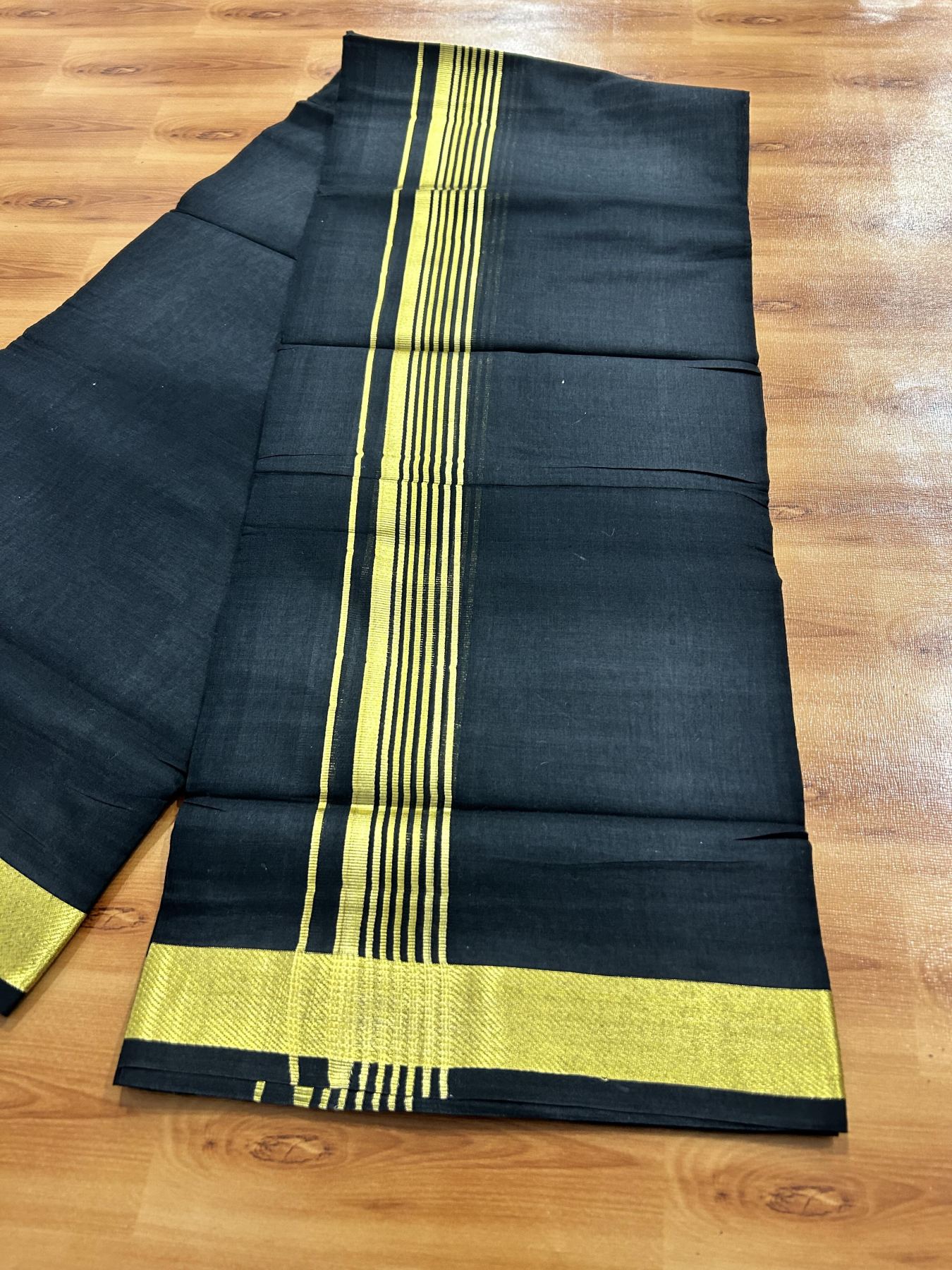 Double (Unbleached) Mundu/Dhoti - 20% Discount !! KaithariKada 100% Pure Cotton - 100x80 - Black Colour Body - 1.5 inch Gold Kasav Striped Kara 4 mtr (8.5 muzham) - 54 KK5456 THI