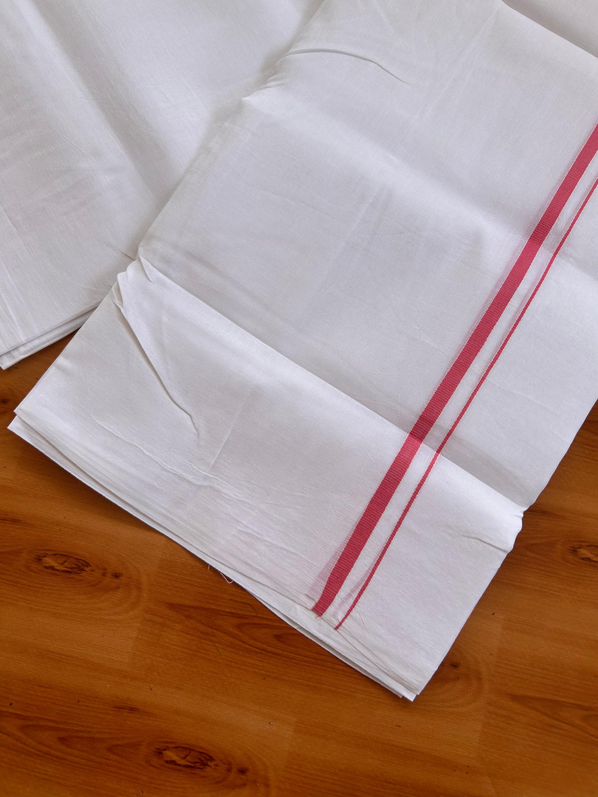 Pure White Double Mundu/Dhoti - 20% Discount! KaithariKada Pulimood - 100% Cotton - 100x100 - 0.5 inch Rose Pink Thin Kara 4 mtr (8.5 muzham) - 9 KK5530 ASH