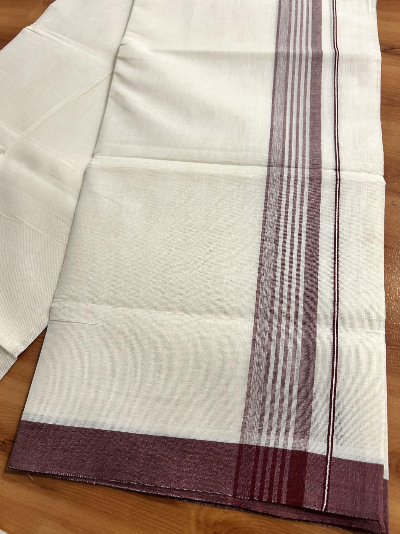 Double Off White (Unbleached) Mundu/Dhoti - 20% Discount! KaithariKada Pure Cotton - 60s - 1.5 inch Maroon Shaded Striped Kara 4 mtr (8.5 Muzham) - 79 KK5460 PMC