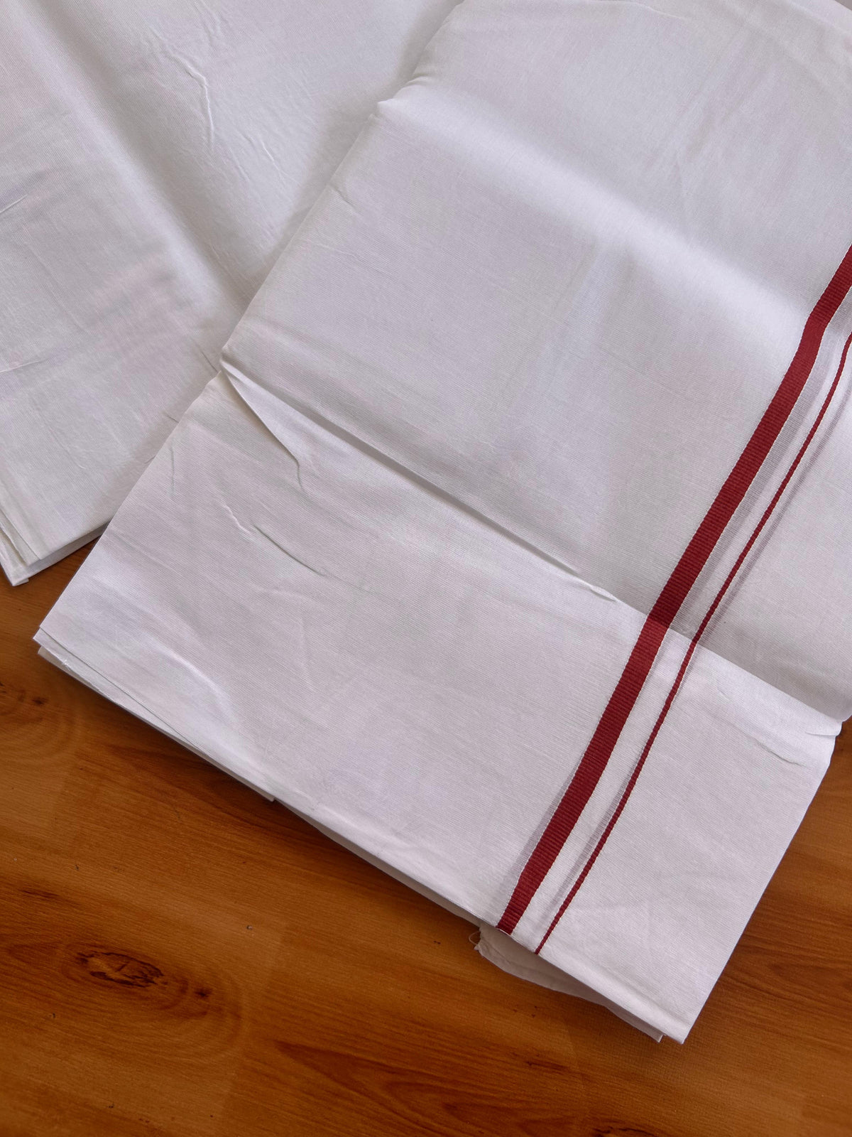 Pure White Double Mundu/Dhoti - 20% Discount! KaithariKada Pulimood - 100% Cotton - 100x100 - 0.25 inch Brick Red Thin Kara 4 mtr (8.5 muzham) - 11 KK5530 ASH