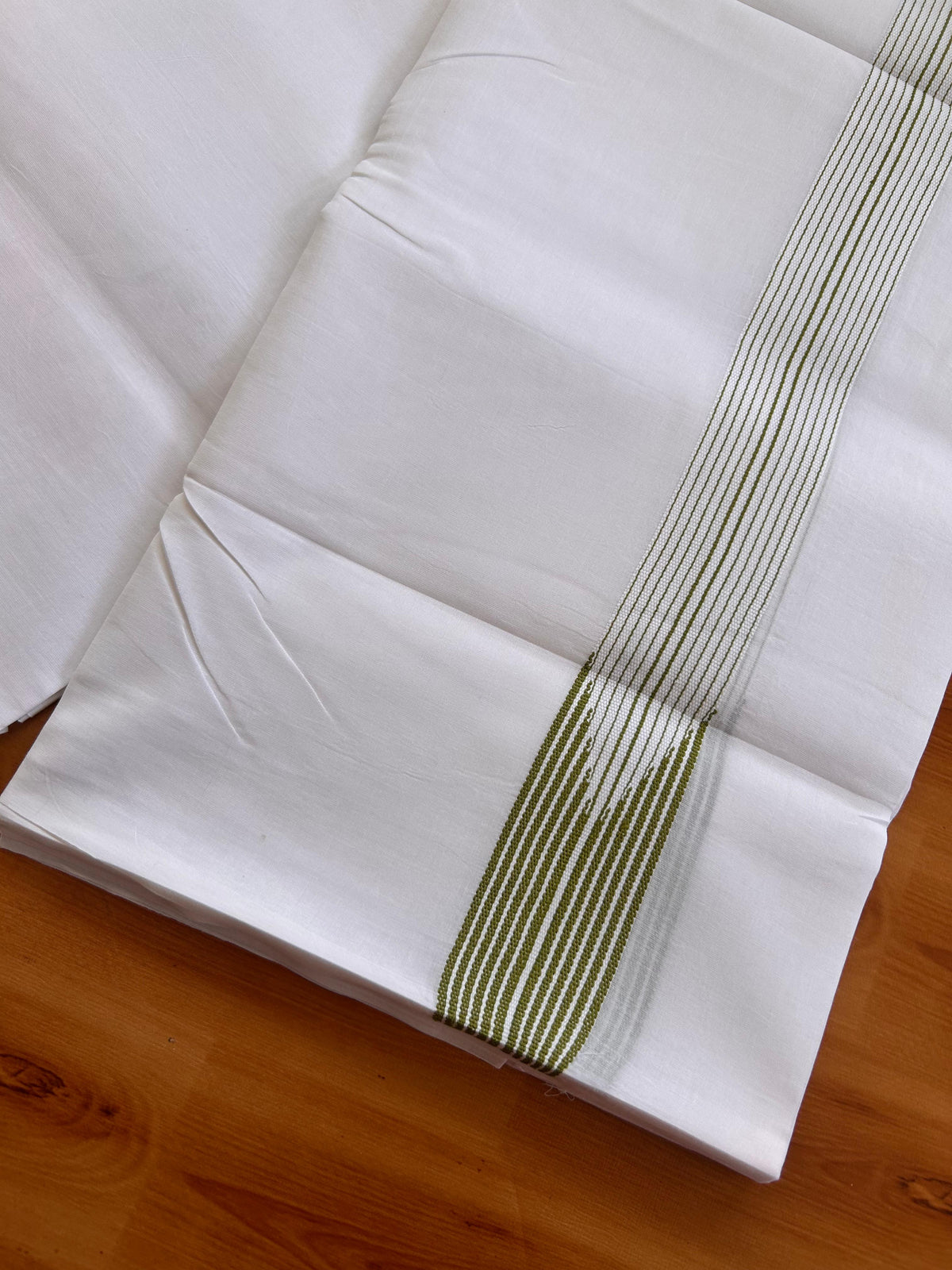 Pure White Double Mundu/Dhoti - 20% Discount! KaithariKada Pulimood - 100% Cotton - 100x100 - 1.5 inch Puliyilakkara Light Olive Green Chutty Kara 4 mtr (8.5 muzham) - 13 KK5530 ASH