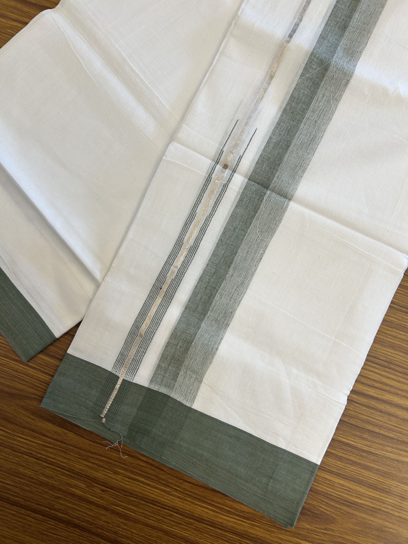 20% Discount ! Kaitharikada Balaramapuram 100% Pure Cotton Double Pure White Mundu/Dhoti - 100x80 - 1.5 inch Silver Kasav & Military Green Shaded Stripes Chutty 3.90 mtr (8 muzham) - 49 KK5312 PMC