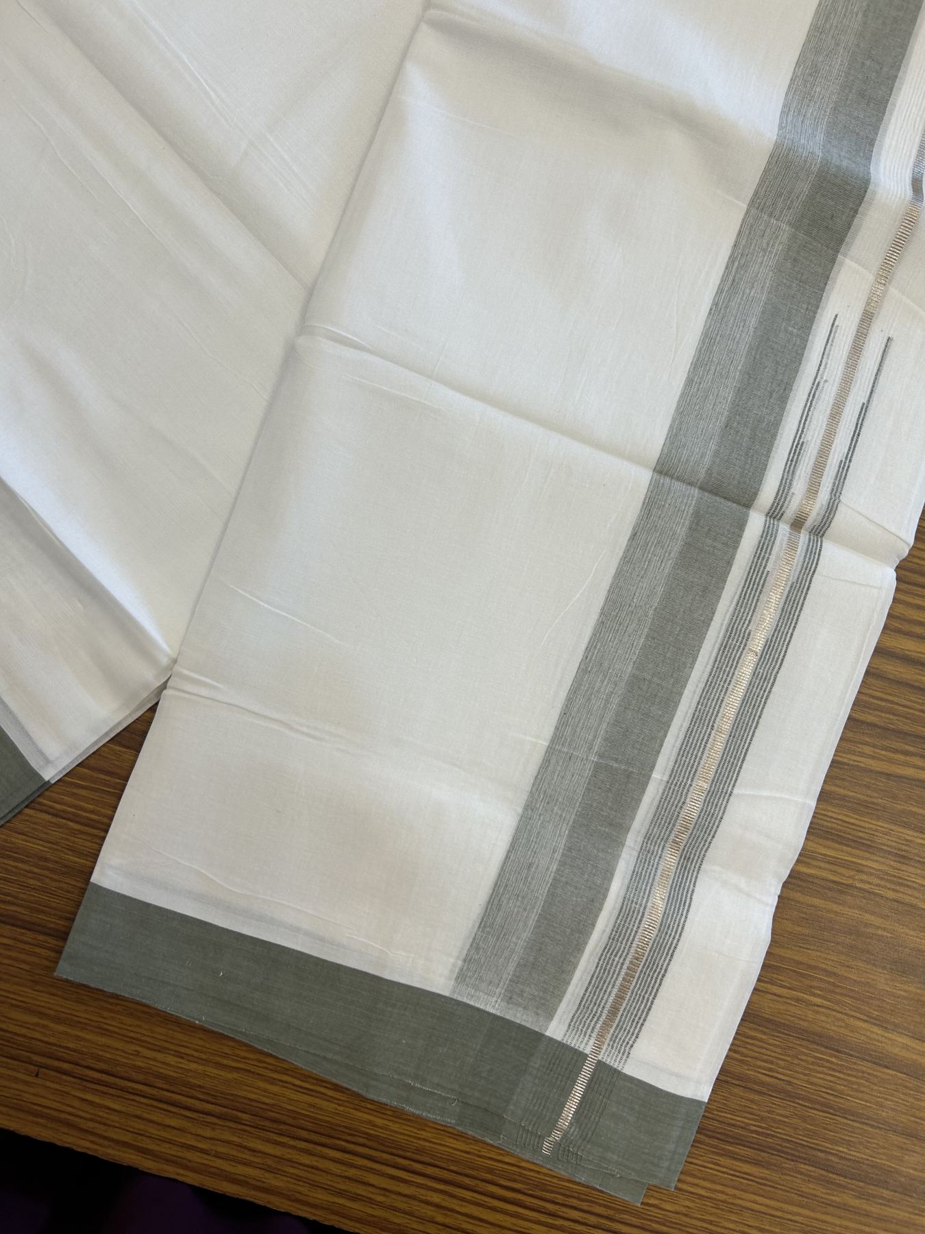 20% Discount ! Kaitharikada Balaramapuram 100% Pure Cotton Double Pure White Mundu/Dhoti - 100x80 - 1.5 inch Silver Kasav & Light Olive Green Shaded Stripes Chutty 3.90 mtr (8 muzham) - 46 KK5312 PMC