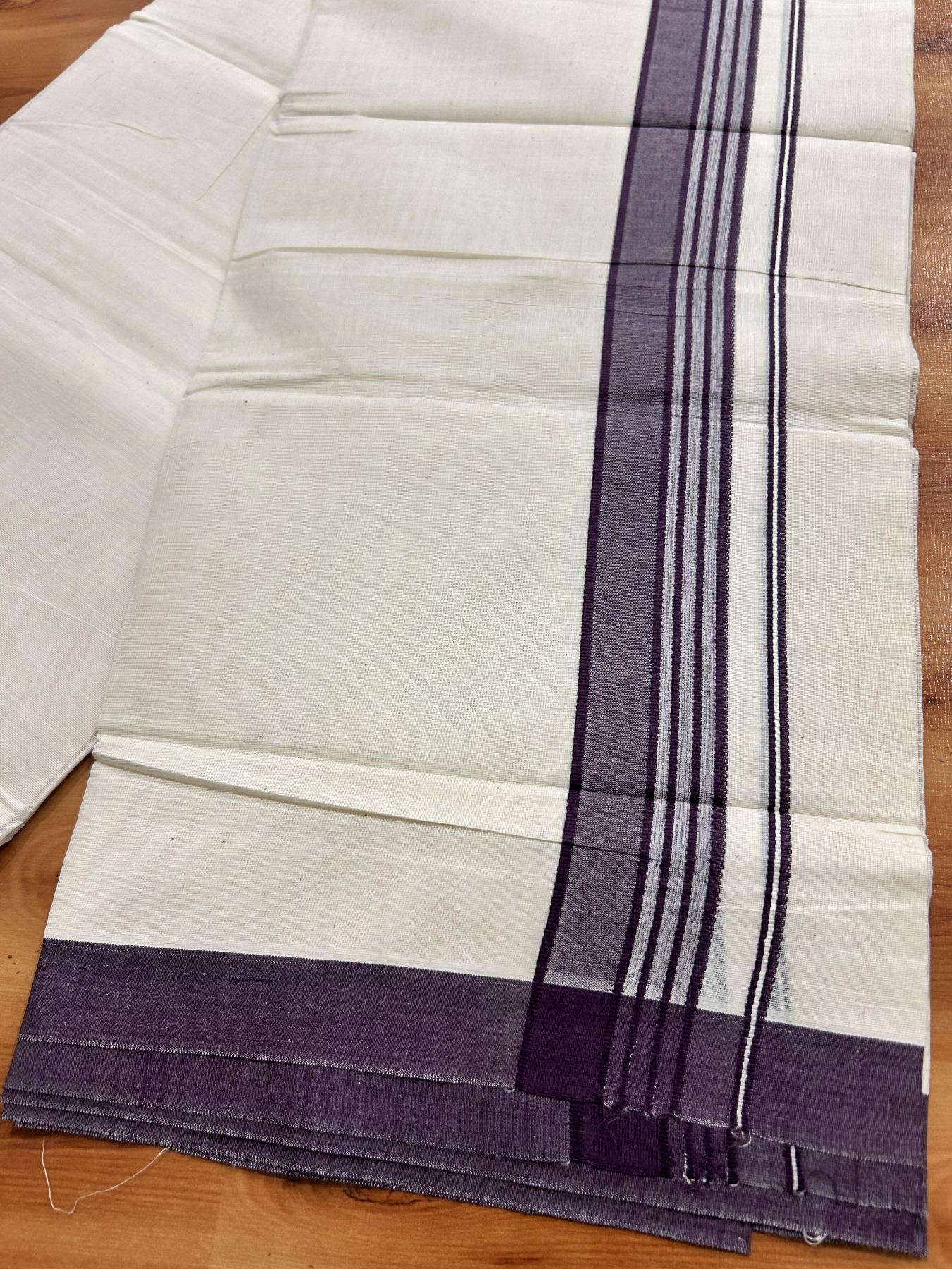 Double Off White (Unbleached) Mundu/Dhoti - 20% Discount! KaithariKada Pure Cotton - 60s - 1.5 inch Dark Purple Shaded Striped Kara 4 mtr (8.5 Muzham) - 78 KK5460 PMC