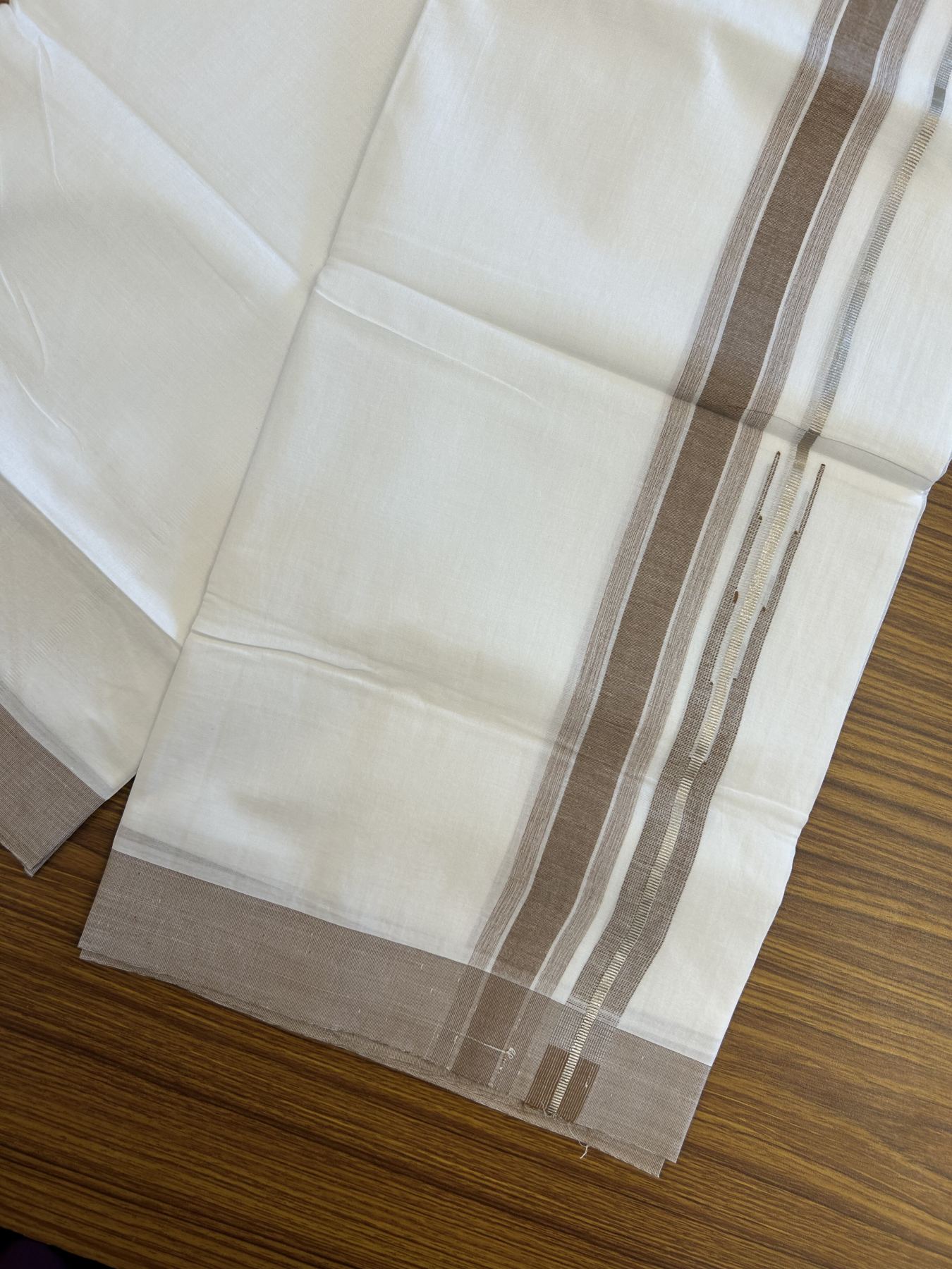 20% Discount ! Kaitharikada Balaramapuram 100% Pure Cotton Double Pure White Mundu/Dhoti - 100x80 - 1.5 inch Silver Kasav & Brown Shaded Stripes Chutty 3.90 mtr (8 muzham) - 53 KK5312 PMC