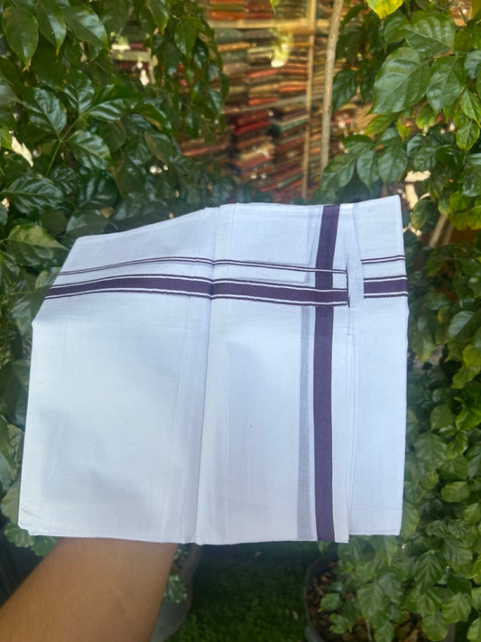 14% Discount! KaithariKada Balaramapuram 100% Cotton Double Pure white Mundu/Dhoti- 100x100 - 0.5 inch Violet Striped kara - 3.90mtr ( 8 muzham) - 61 KK5279 CKS