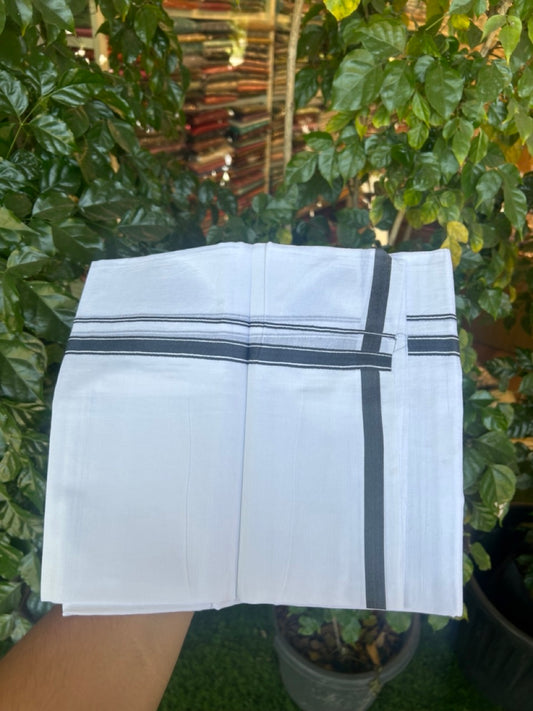 14% Discount! KaithariKada Balaramapuram 100% Cotton Double Pure white Mundu/Dhoti- 100x100 - 0.5 inch Blue Grey Striped kara - 3.90mtr ( 8 muzham) - 62 KK5279 CKS