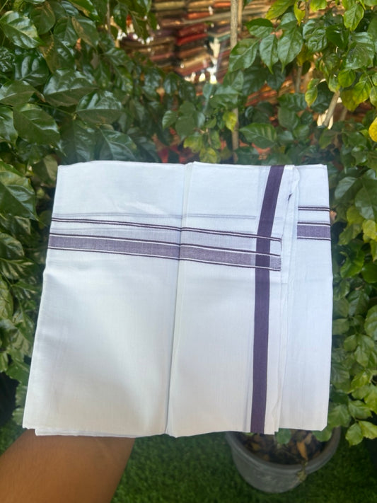 14% Discount! KaithariKada Balaramapuram 100% Cotton Double Pure white Mundu/Dhoti- 100x100 - 0.5 inch Violet Shaded Striped kara - 3.90mtr ( 8 muzham) - 63 KK5279 CKS