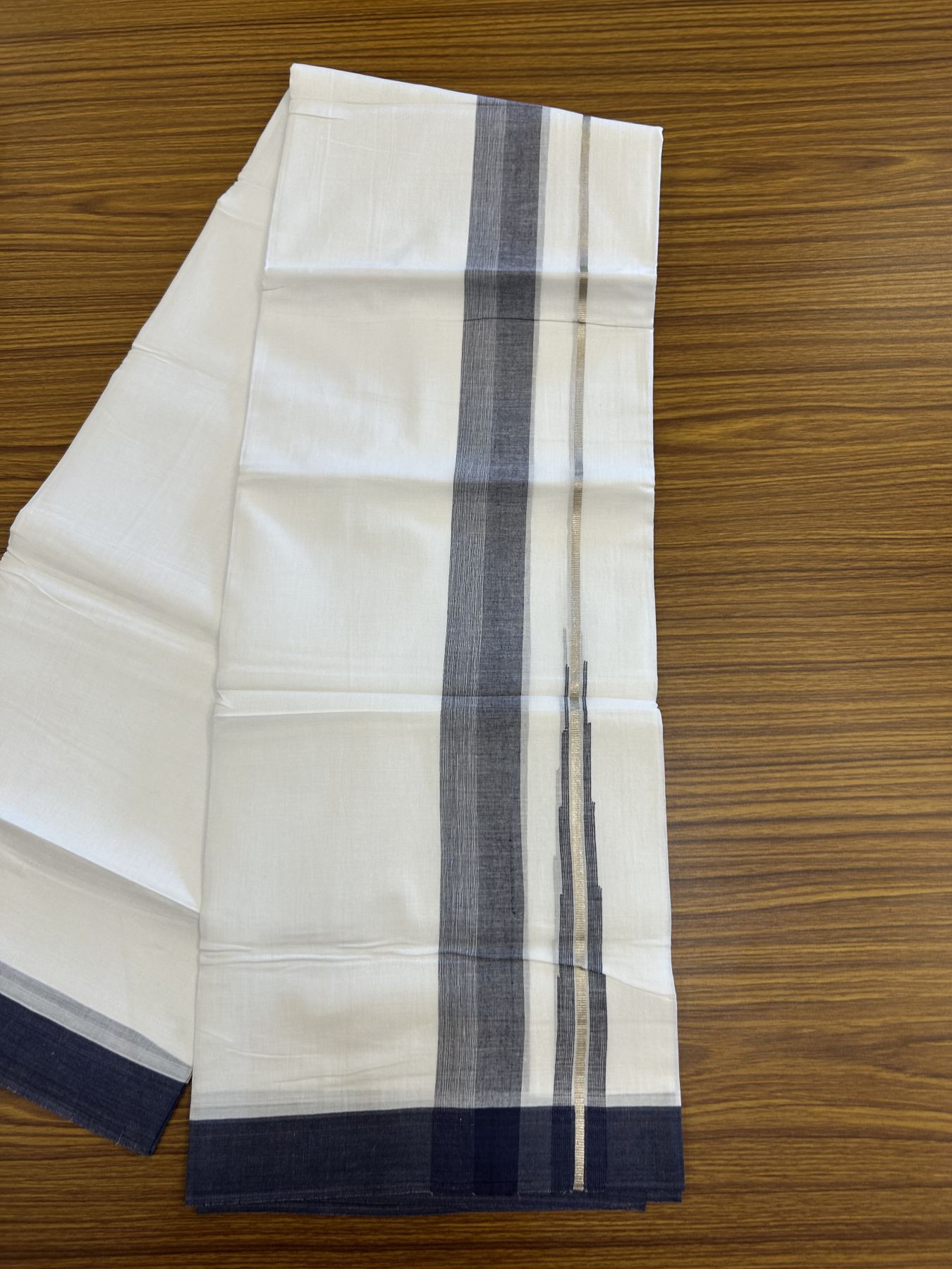 20% Discount ! Kaitharikada Balaramapuram 100% Pure Cotton Double Pure White Mundu/Dhoti - 100x80 - 1.5 inch Silver Kasav & Navy Blue Shaded Stripes Chutty 3.90 mtr (8 muzham) - 51 KK5312 PMC