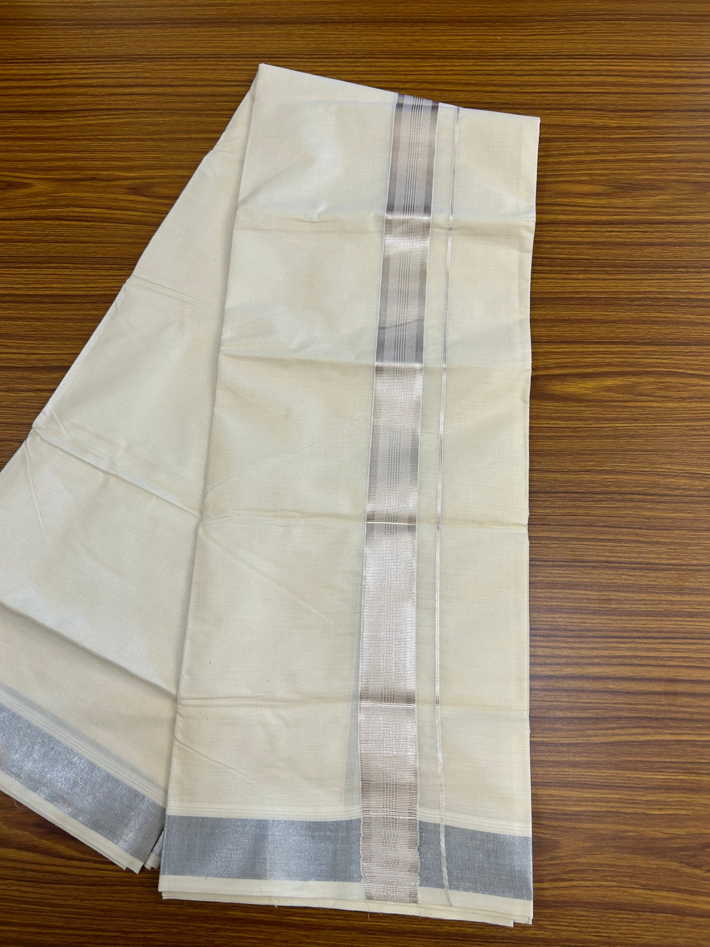 20% Discount ! KaithariKada Balaramapuram - Pure Cotton Off White (Unbleached) Double Mundu/Dhoti - 100X80 - 1.5 inch Silver Kasav Striped Kara 4 mtr (8.5 Muzham) - 1 KK5250 VIN