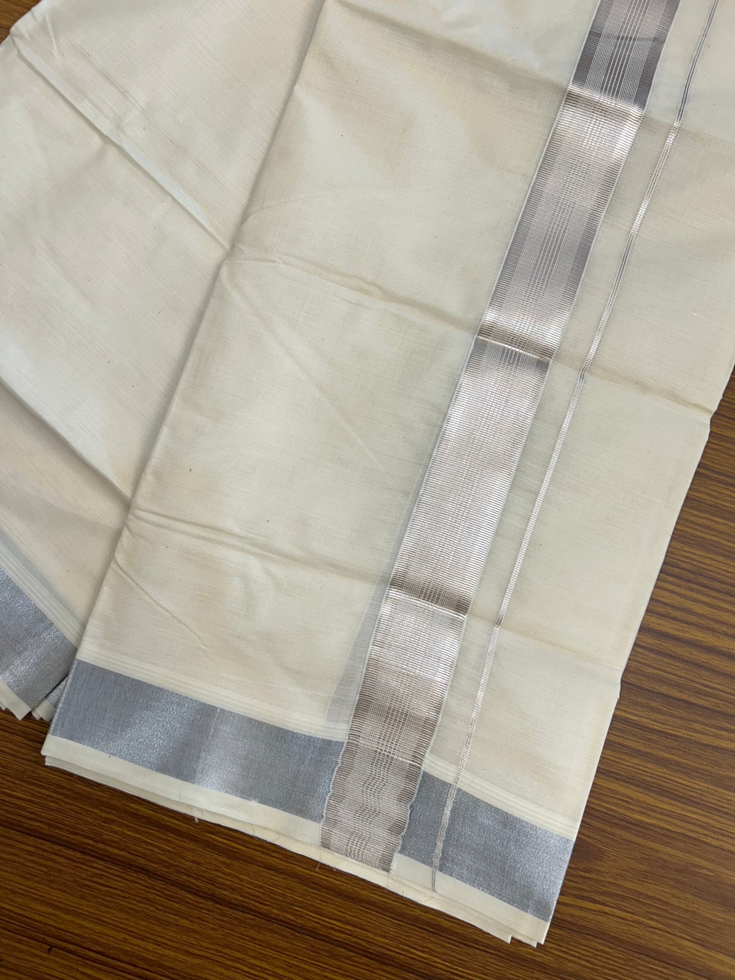 20% Discount ! KaithariKada Balaramapuram - Pure Cotton Off White (Unbleached) Double Mundu/Dhoti - 100X80 - 1.5 inch Silver Kasav Striped Kara 4 mtr (8.5 Muzham) - 1 KK5250 VIN