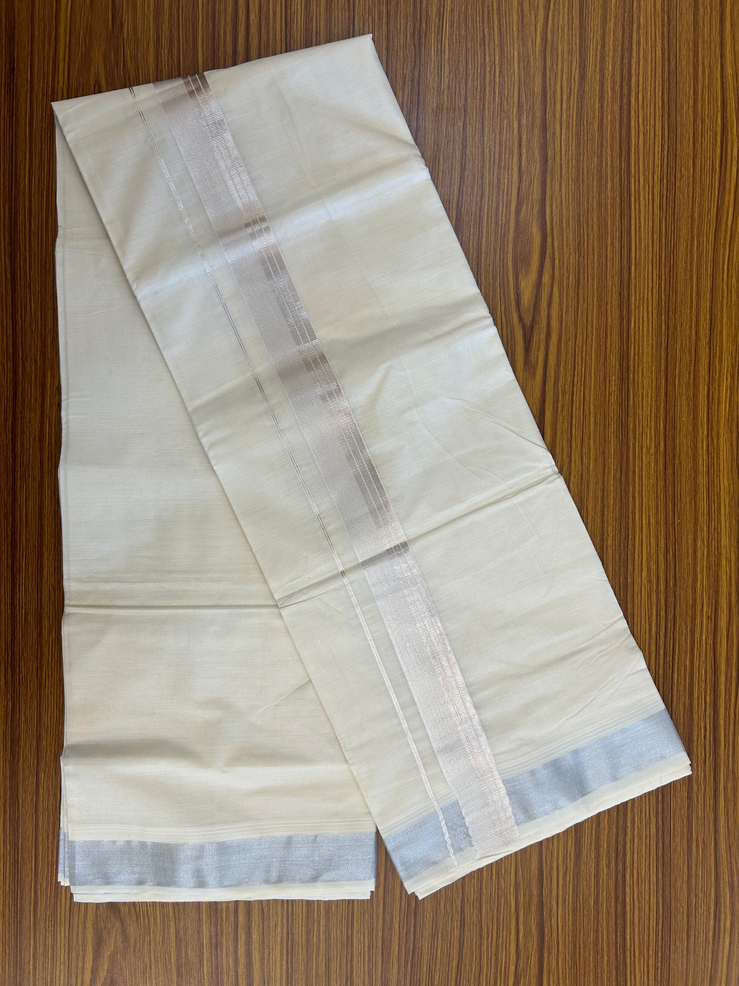 20% Discount ! KaithariKada Balaramapuram - Pure Cotton Off White (Unbleached) Double Mundu/Dhoti - 100X80 - 1.5 inch Silver Kasav Striped Kara 4 mtr (8.5 Muzham) - 2 KK5250 VIN