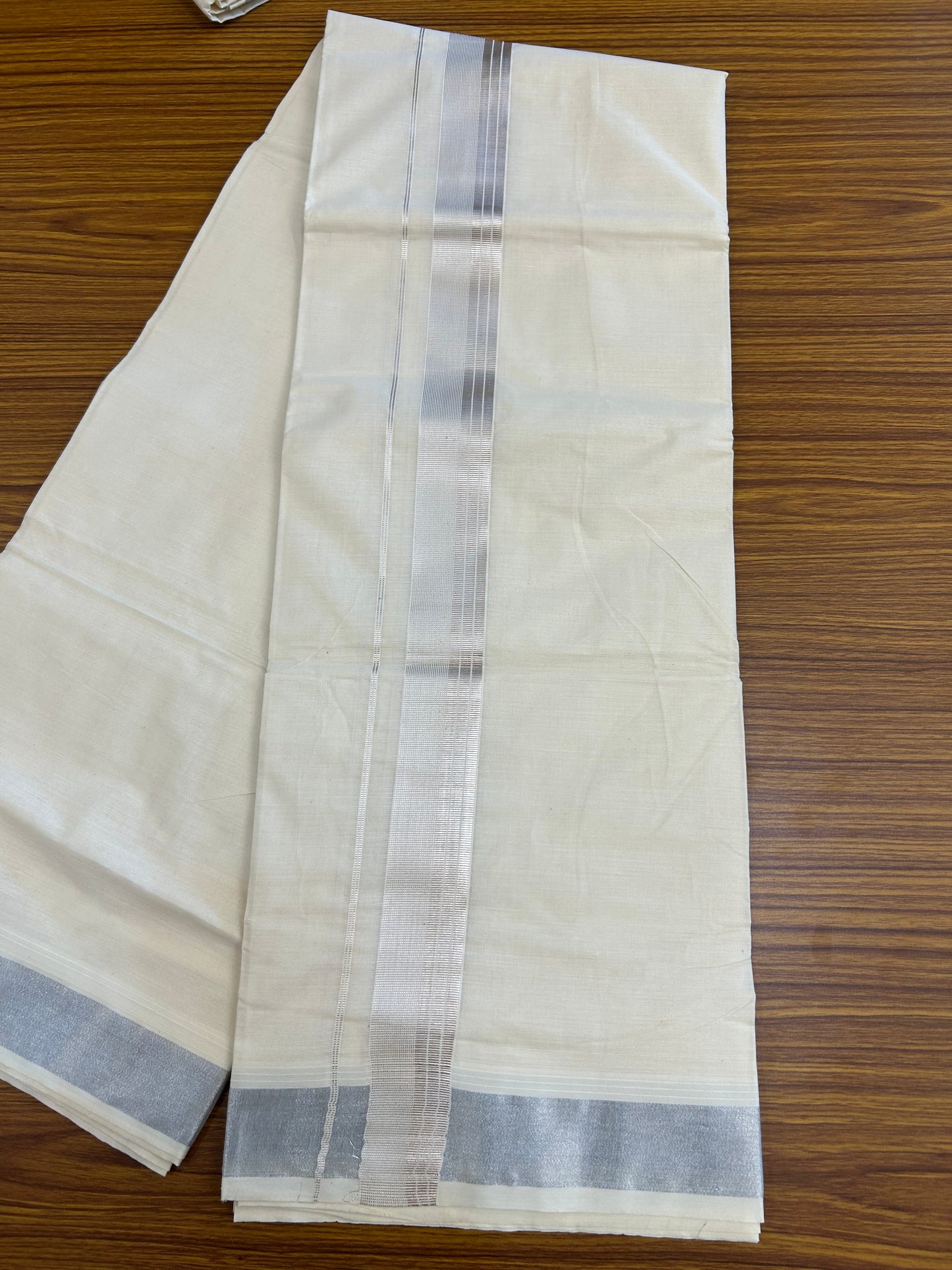 20% Discount ! KaithariKada Balaramapuram - Pure Cotton Off White (Unbleached) Double Mundu/Dhoti - 100X80 - 1.5 inch Silver Kasav Striped Kara 4 mtr (8.5 Muzham) - 2 KK5250 VIN