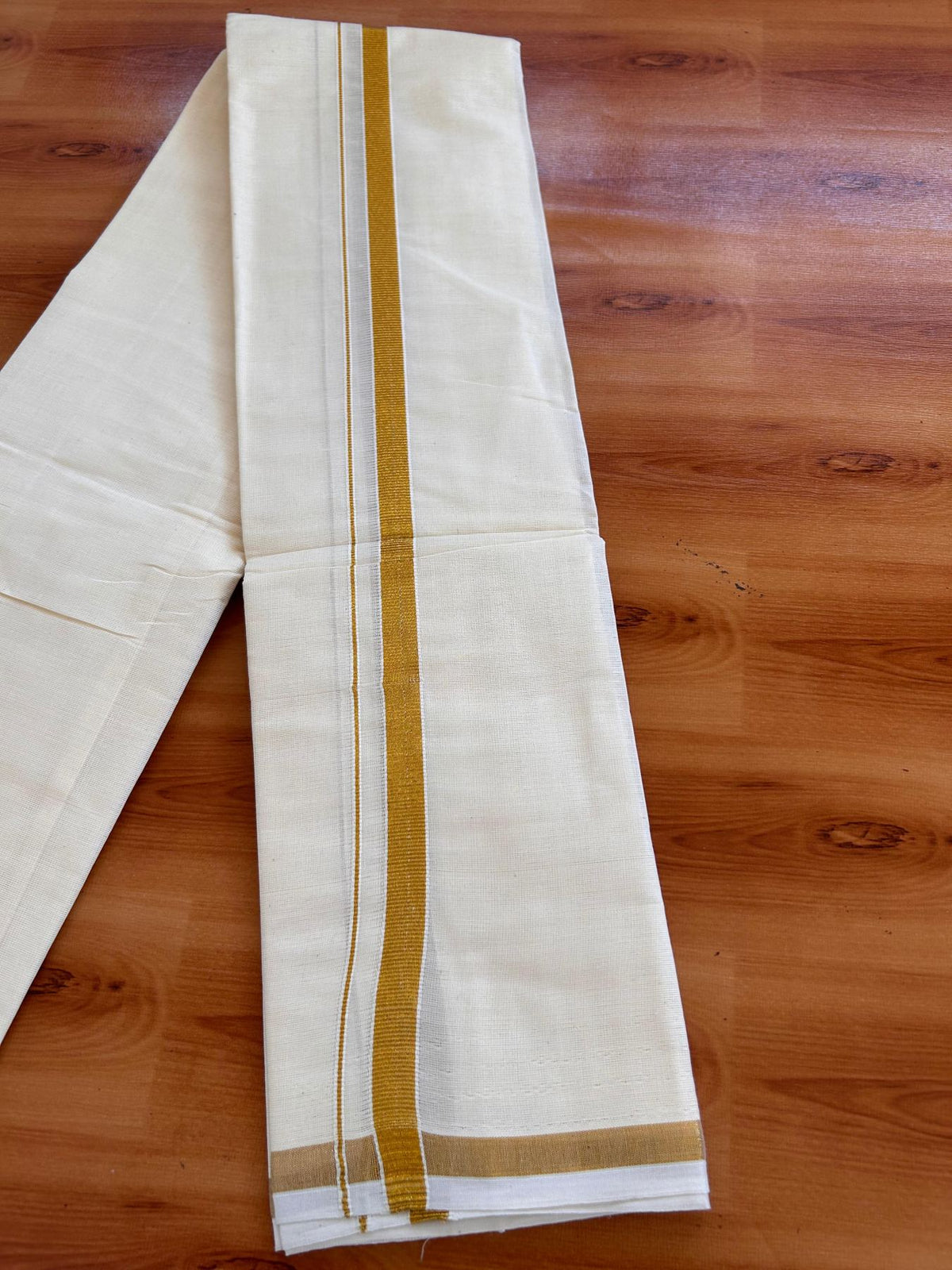 Neriyath Off White (Unbleached) - KaithariKada - Mixed Cotton - 0.5 Inch Gold Kasavu Kara - 1.70 mtr (3.64 muzham)- 1 KK5531 PMC