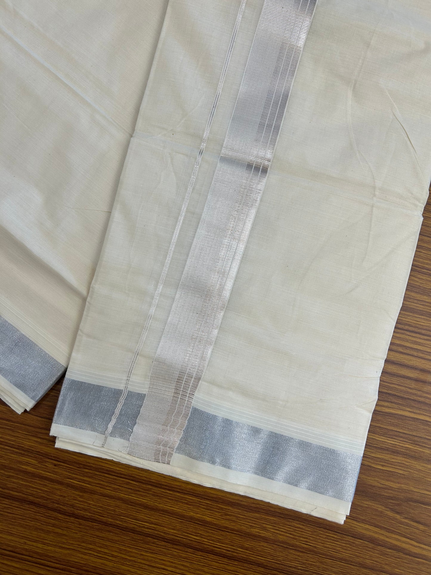 20% Discount ! KaithariKada Balaramapuram - Pure Cotton Off White (Unbleached) Double Mundu/Dhoti - 100X80 - 1.5 inch Silver Kasav Striped Kara 4 mtr (8.5 Muzham) - 2 KK5250 VIN