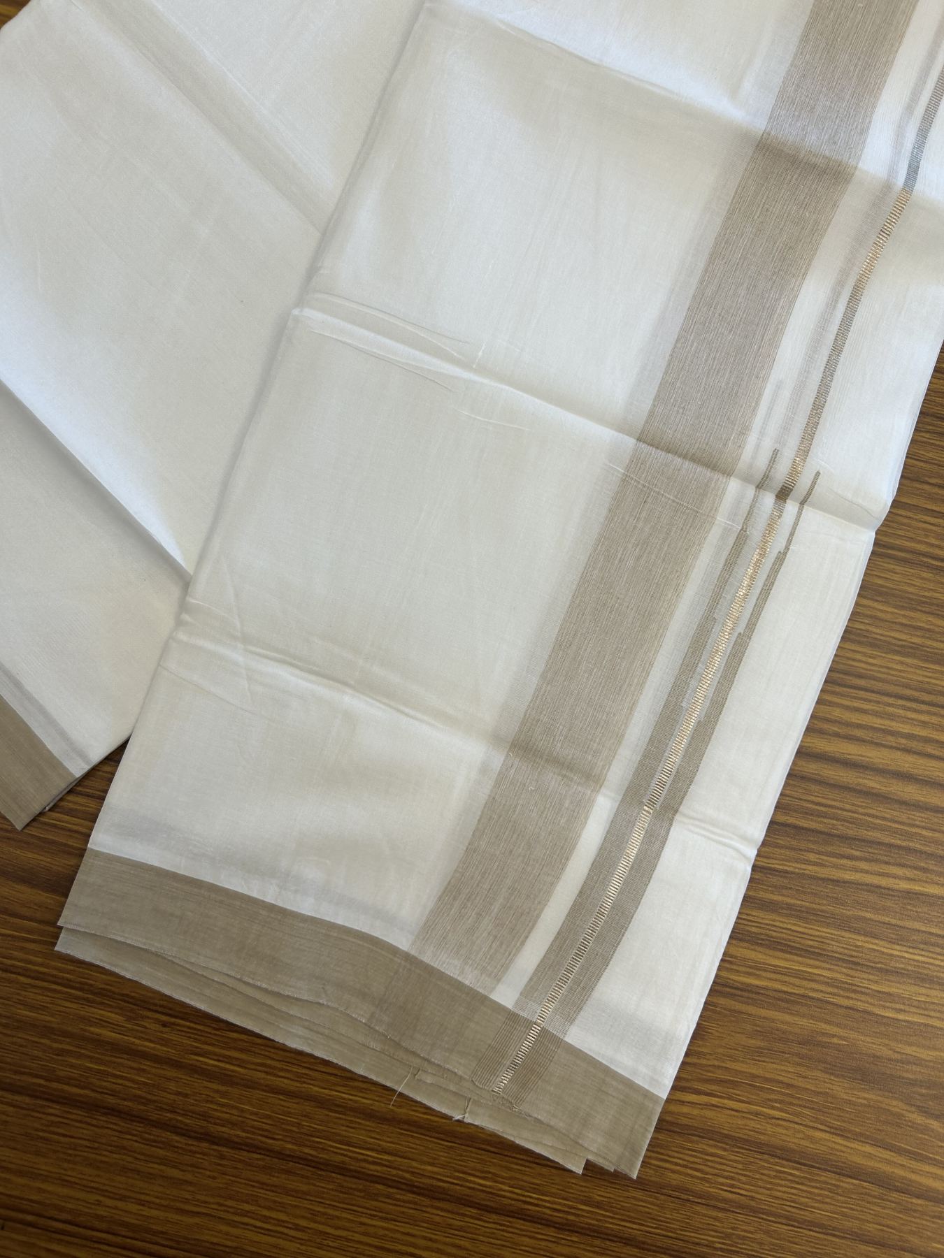 20% Discount ! Kaitharikada Balaramapuram 100% Pure Cotton Double Pure White Mundu/Dhoti - 100x80 - 1.5 inch Silver Kasav & Sand Brown Shaded Stripes Chutty 3.90 mtr (8 muzham) - 52 KK5312 PMC