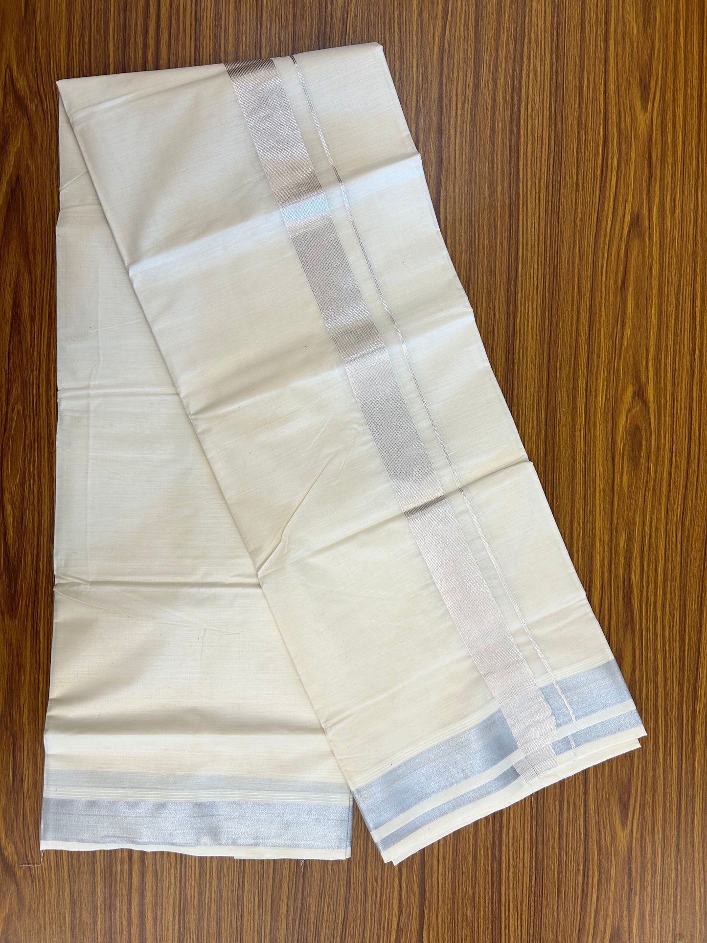 20% Discount ! KaithariKada Balaramapuram - Pure Cotton Off White (Unbleached) Double Mundu/Dhoti - 100X80 - 1.5 inch Silver Kasav Striped Kara 4 mtr (8.5 Muzham) - 3 KK5250 VIN