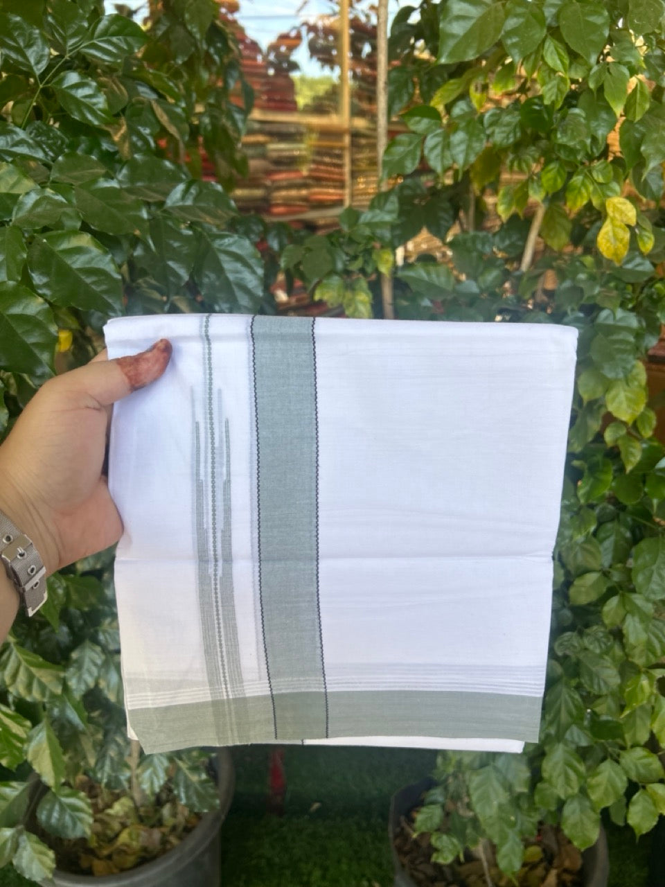 20% Discount! KaithariKada Balaramapuram 100% Cotton Double Pure white Mundu/Dhoti- 60s - 1.25 inch Black striped Greyish green shaded chutty kara - 3.90mtr ( 8 muzham) - 30 KK5279 CKS