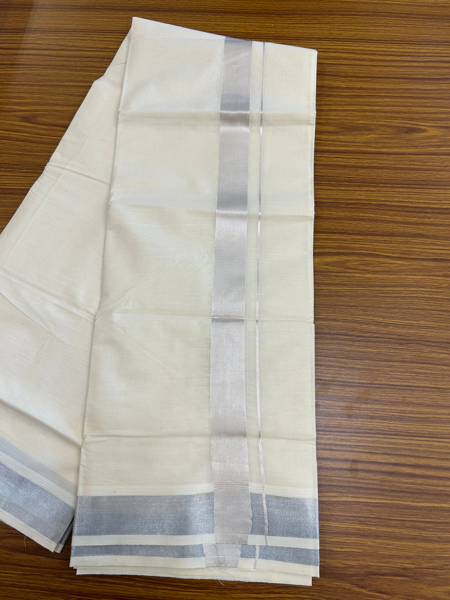 20% Discount ! KaithariKada Balaramapuram - Pure Cotton Off White (Unbleached) Double Mundu/Dhoti - 100X80 - 1.5 inch Silver Kasav Striped Kara 4 mtr (8.5 Muzham) - 3 KK5250 VIN