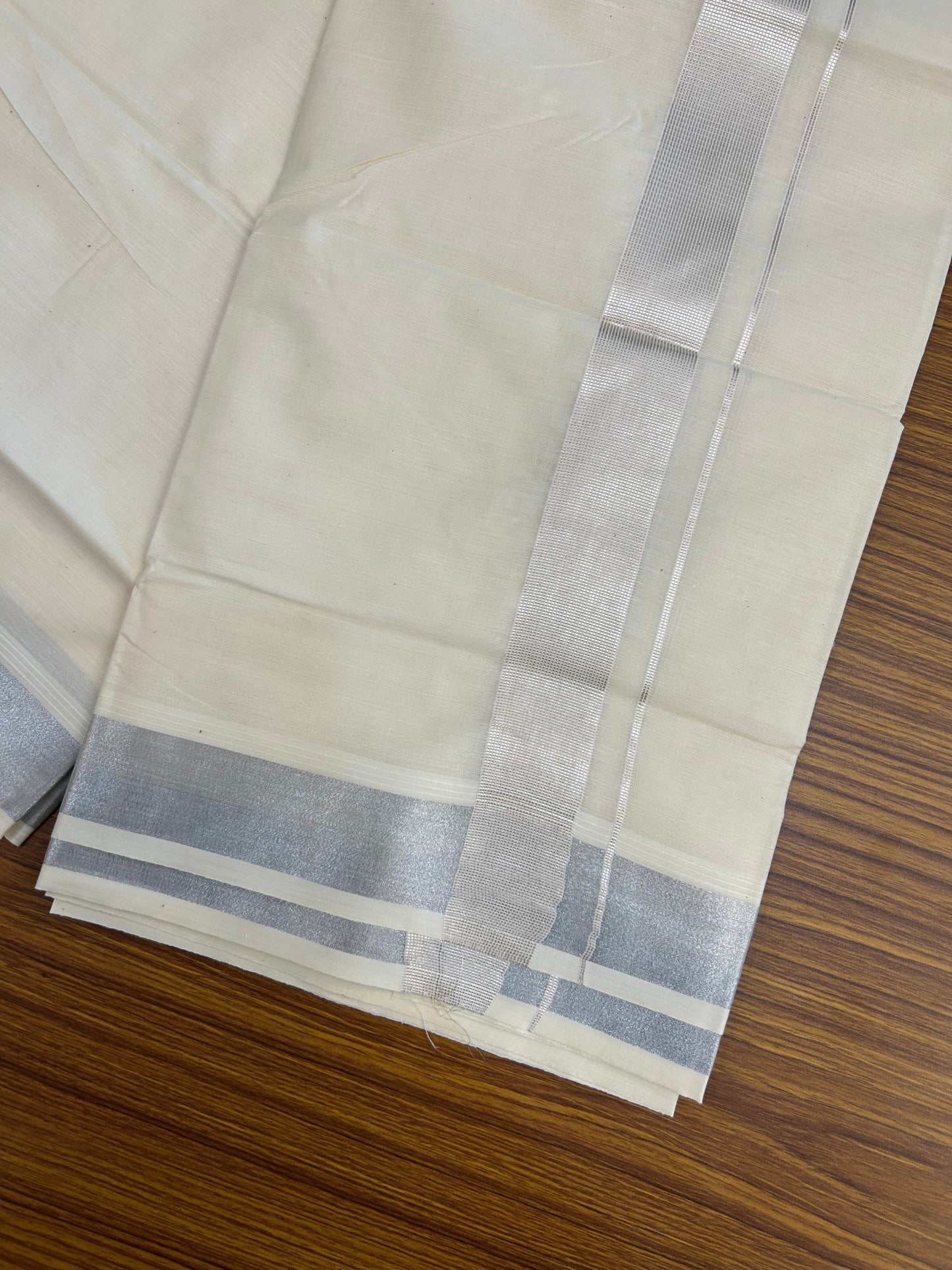 20% Discount ! KaithariKada Balaramapuram - Pure Cotton Off White (Unbleached) Double Mundu/Dhoti - 100X80 - 1.5 inch Silver Kasav Striped Kara 4 mtr (8.5 Muzham) - 3 KK5250 VIN