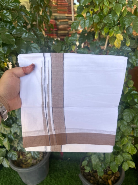 20% Discount! KaithariKada Balaramapuram 100% Cotton Double Pure white Mundu/Dhoti- 60s - 1.25 inch Navy Blue striped Brown shaded chutty kara - 3.90mtr ( 8 muzham) - 33 KK5279 CKS