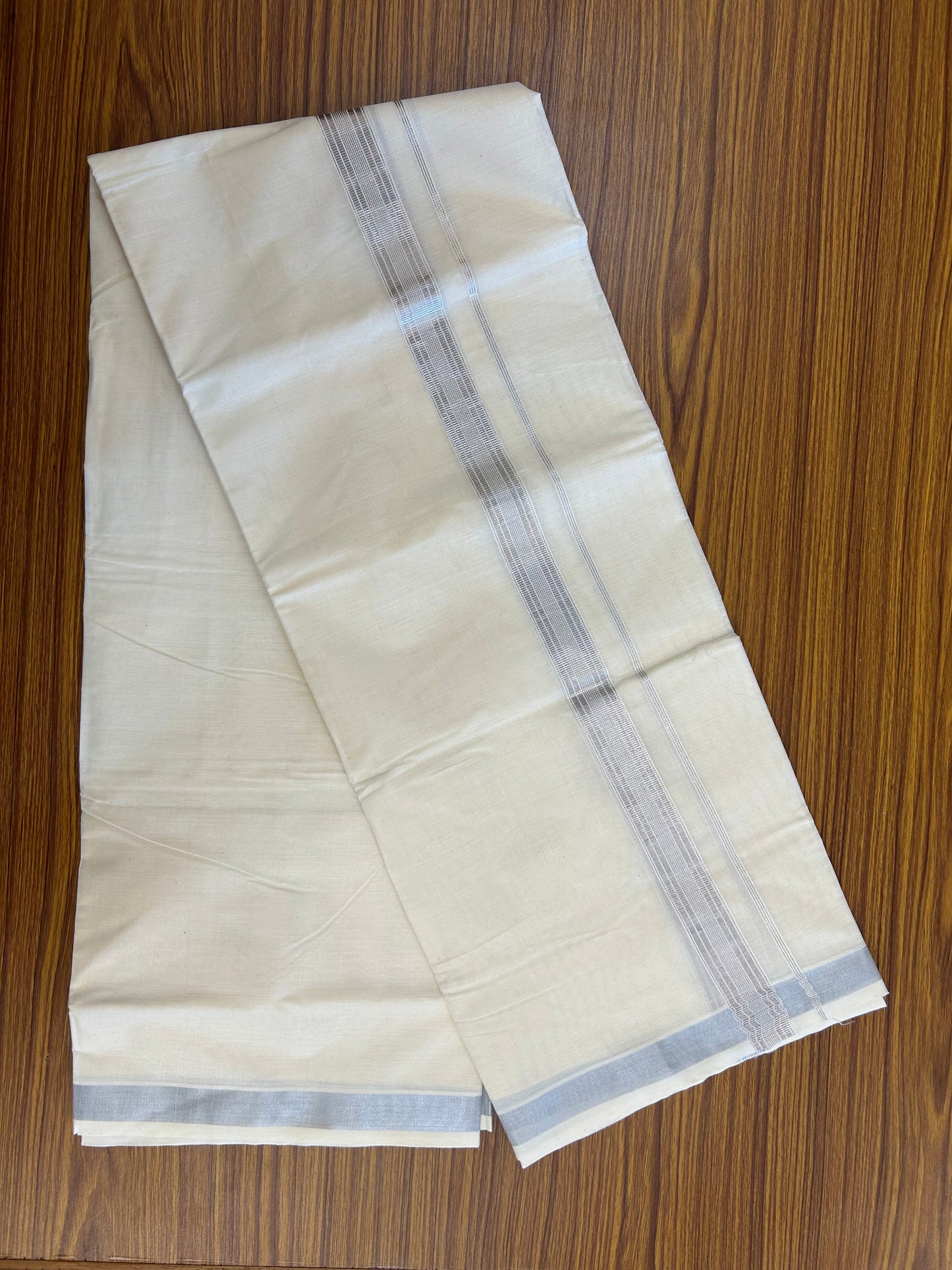 20% Discount ! KaithariKada Balaramapuram - Cotton Off White (Unbleached) Double Mundu/Dhoti - Mixed Cotton 80x72 - 90% Cotton & 10% Polyester - 1.5 inch Silver Kasav Striped Kara 4 mtr (8.5 Muzham) - 5 KK5250 VIN