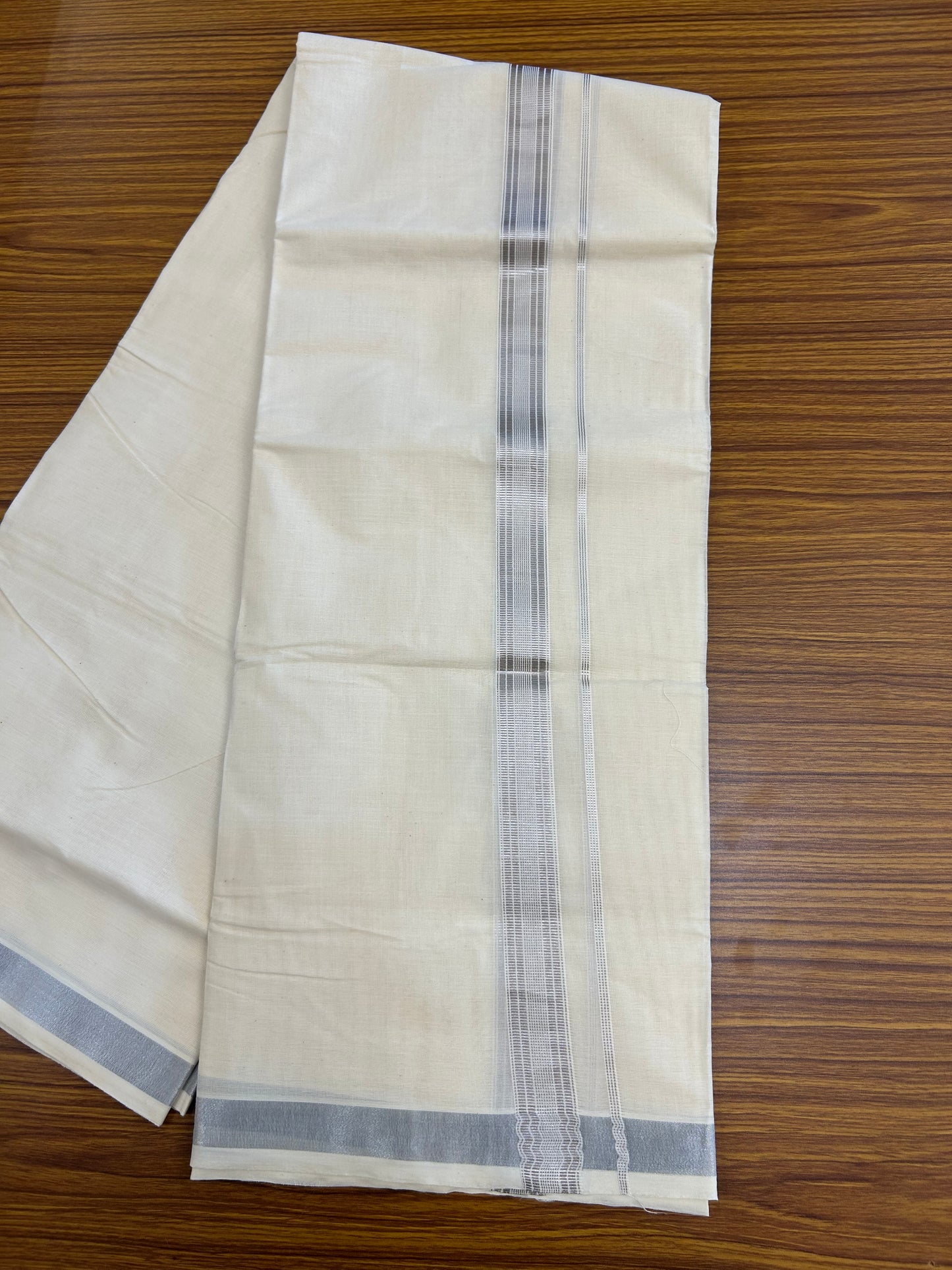 20% Discount ! KaithariKada Balaramapuram - Cotton Off White (Unbleached) Double Mundu/Dhoti - Mixed Cotton 80x72 - 90% Cotton & 10% Polyester - 1.5 inch Silver Kasav Striped Kara 4 mtr (8.5 Muzham) - 5 KK5250 VIN