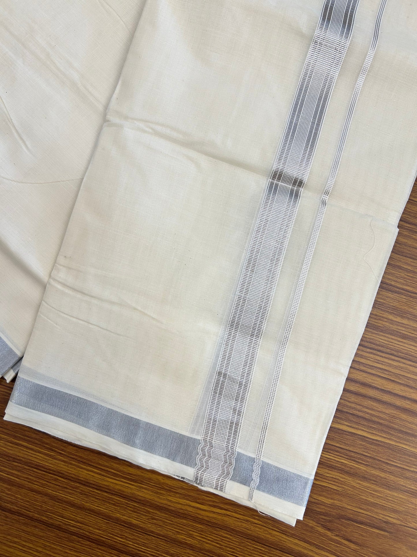 20% Discount ! KaithariKada Balaramapuram - Cotton Off White (Unbleached) Double Mundu/Dhoti - Mixed Cotton 80x72 - 90% Cotton & 10% Polyester - 1.5 inch Silver Kasav Striped Kara 4 mtr (8.5 Muzham) - 5 KK5250 VIN