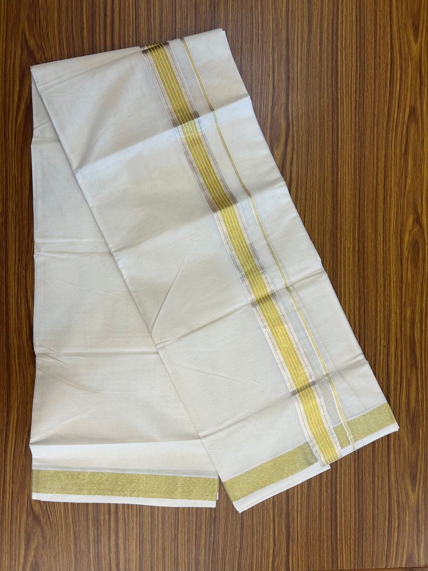 20% Discount ! KaithariKada Balaramapuram - 100% Pure Cotton Off White - (Unbleached) Double Mundu/Dhoti - 100X80 - 1.5 inch Gold Kasavu & Silver Kasavu Striped Kara - 9 KK5250 VIN