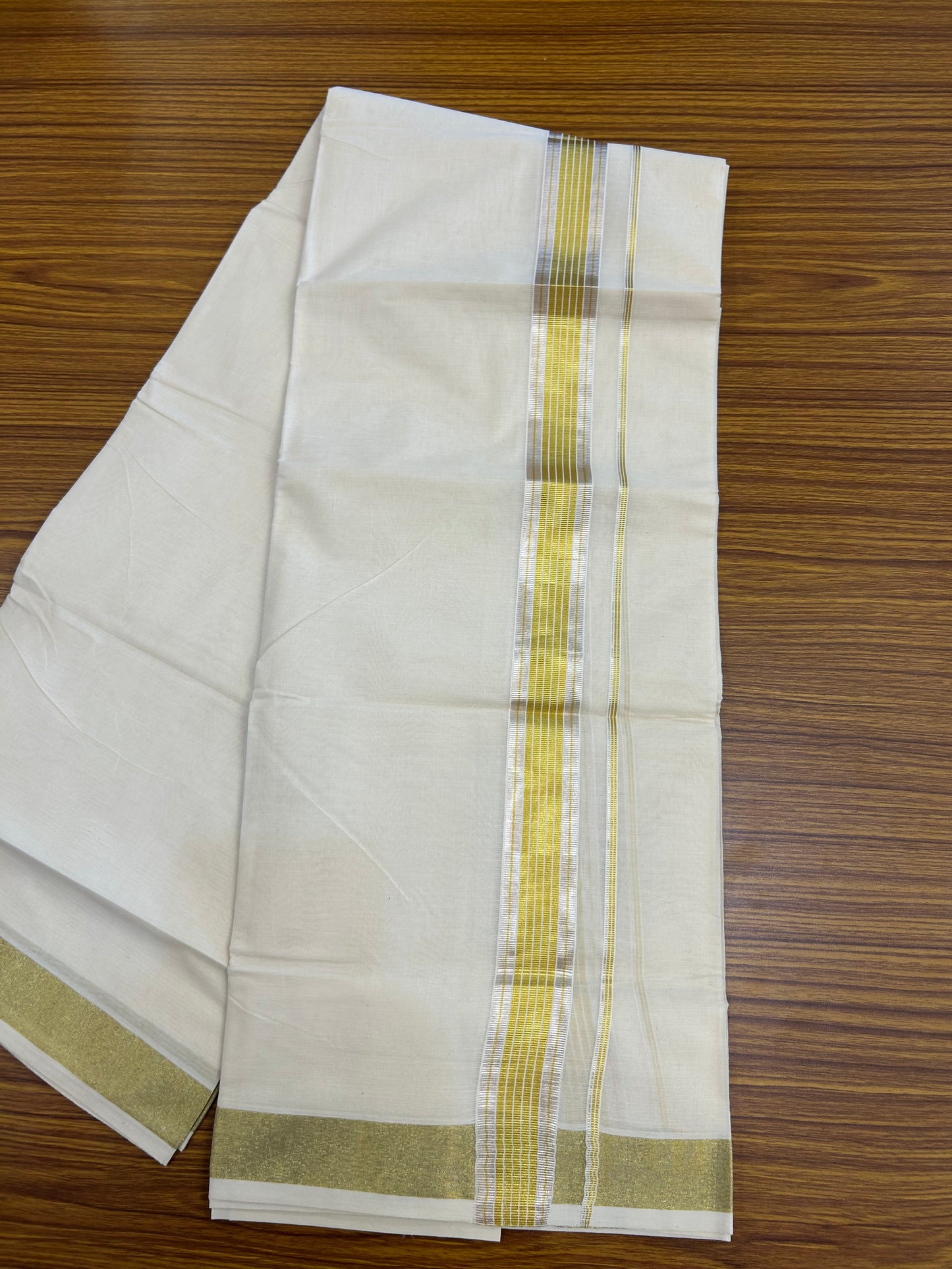 20% Discount ! KaithariKada Balaramapuram - 100% Pure Cotton Off White - (Unbleached) Double Mundu/Dhoti - 100X80 - 1.5 inch Gold Kasavu & Silver Kasavu Striped Kara - 9 KK5250 VIN