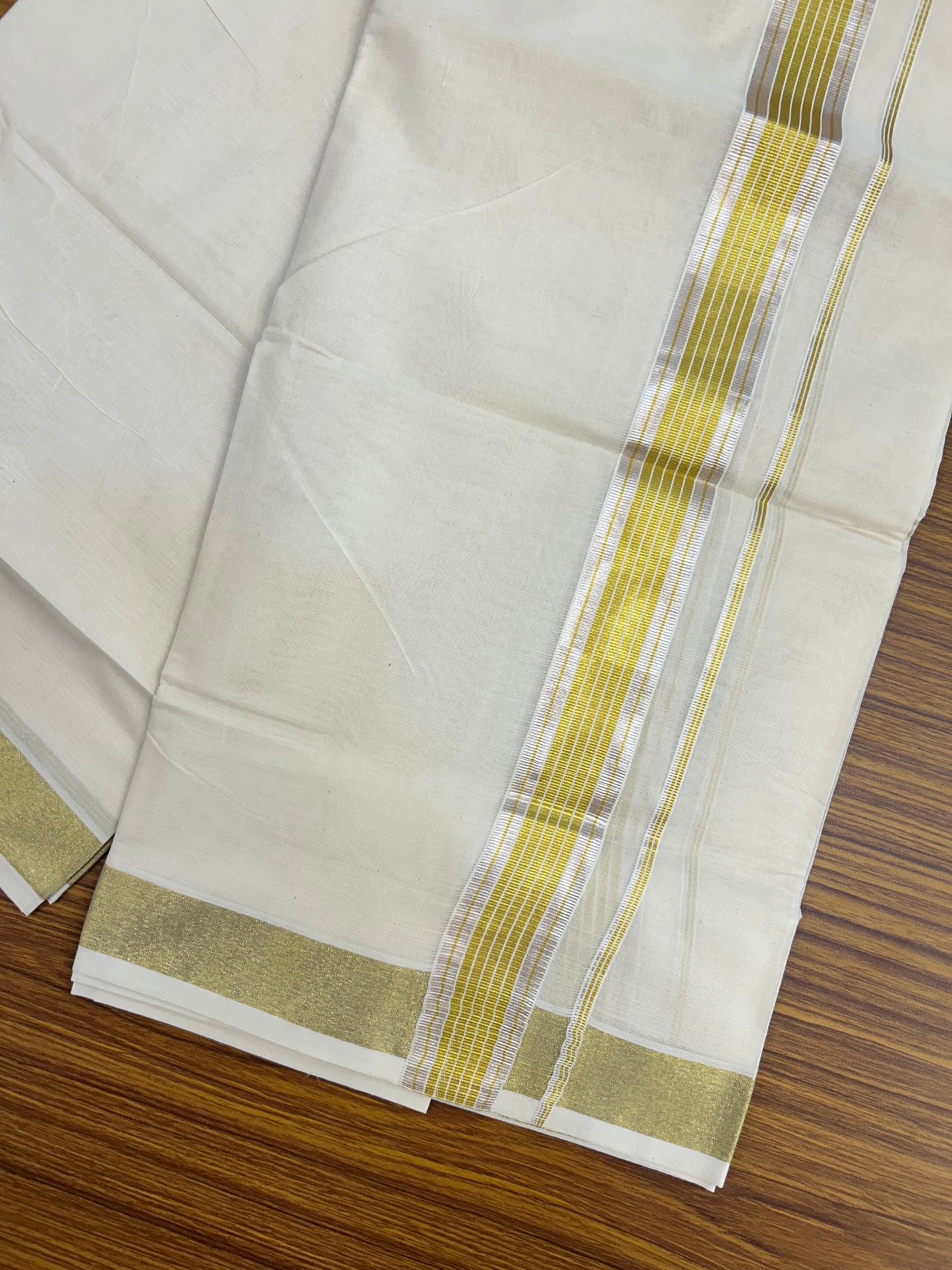 20% Discount ! KaithariKada Balaramapuram - 100% Pure Cotton Off White - (Unbleached) Double Mundu/Dhoti - 100X80 - 1.5 inch Gold Kasavu & Silver Kasavu Striped Kara - 9 KK5250 VIN