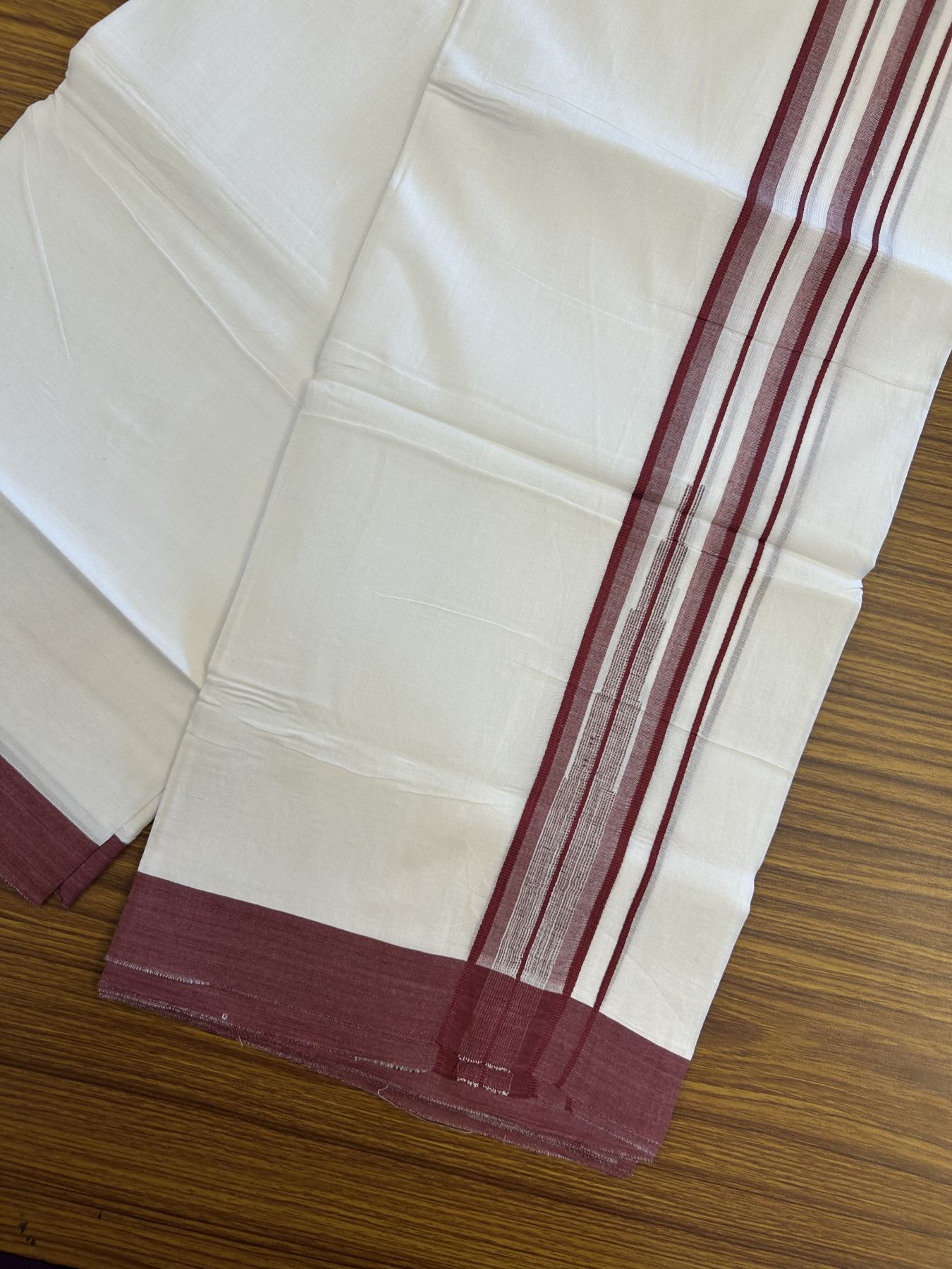 20% Discount ! Kaitharikada Balaramapuram 100% Pure Cotton Double Pure White Mundu/Dhoti - 100x80 - 1.75 inch Maroon Striped Chutty 3.90 mtr (8 muzham) - 23 KK5312 PMC
