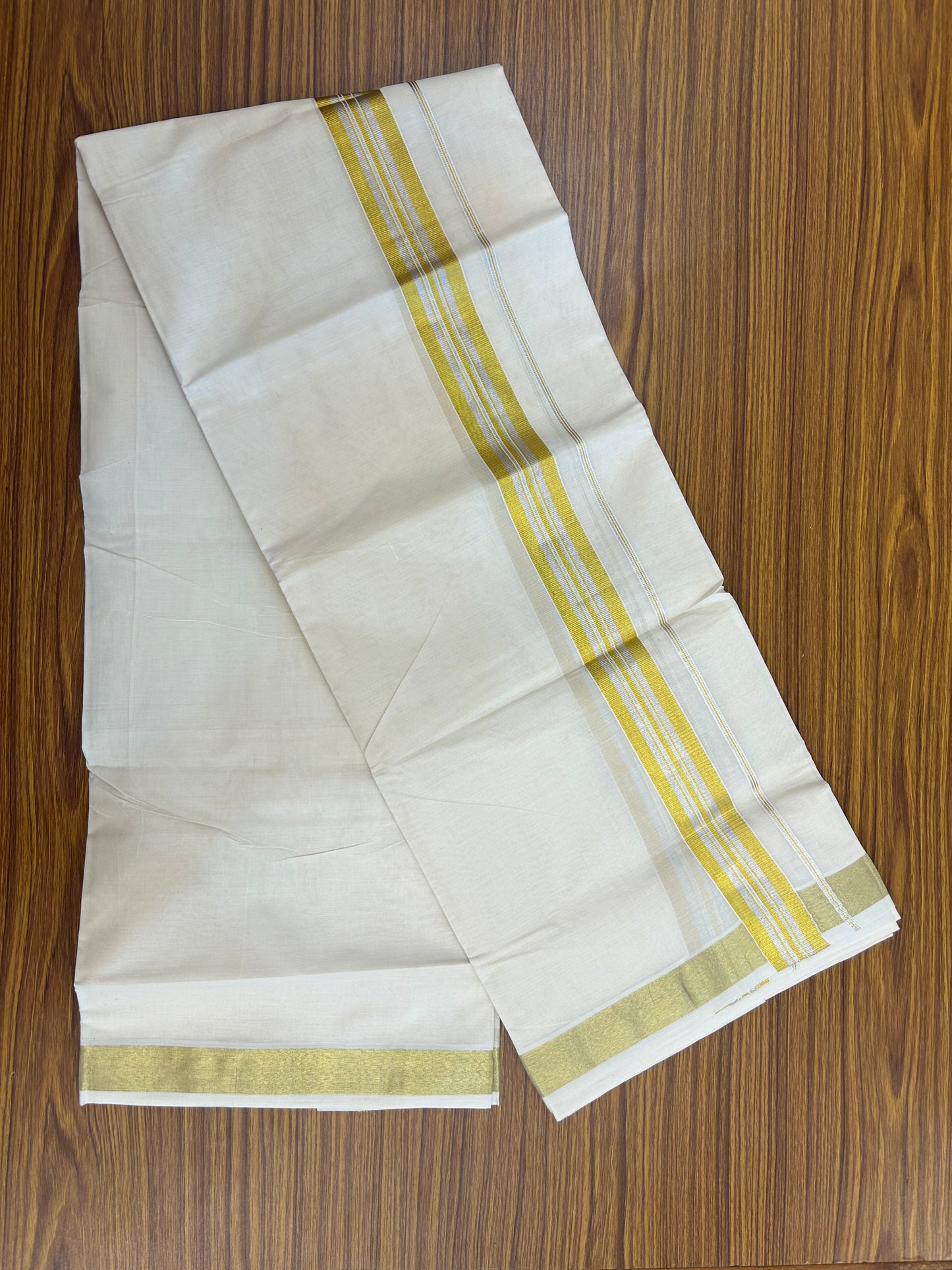 20% Discount ! KaithariKada Balaramapuram - 100% Pure Cotton Off White - (Unbleached) Double Mundu/Dhoti - 100X80 - 1.5 inch Gold Kasavu & Silver Kasavu Striped Kara - 6 KK5250 VIN