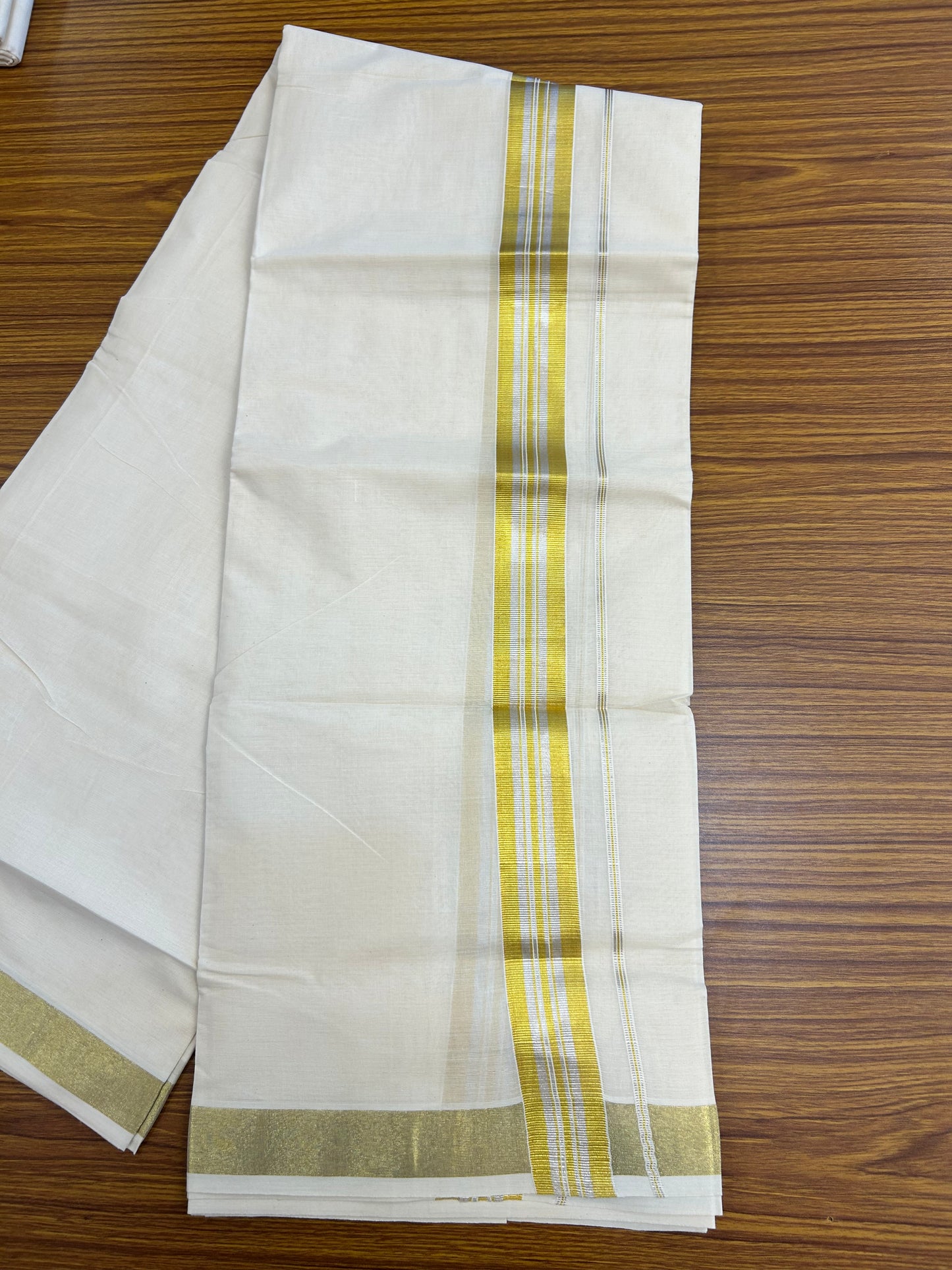 20% Discount ! KaithariKada Balaramapuram - 100% Pure Cotton Off White - (Unbleached) Double Mundu/Dhoti - 100X80 - 1.5 inch Gold Kasavu & Silver Kasavu Striped Kara - 6 KK5250 VIN