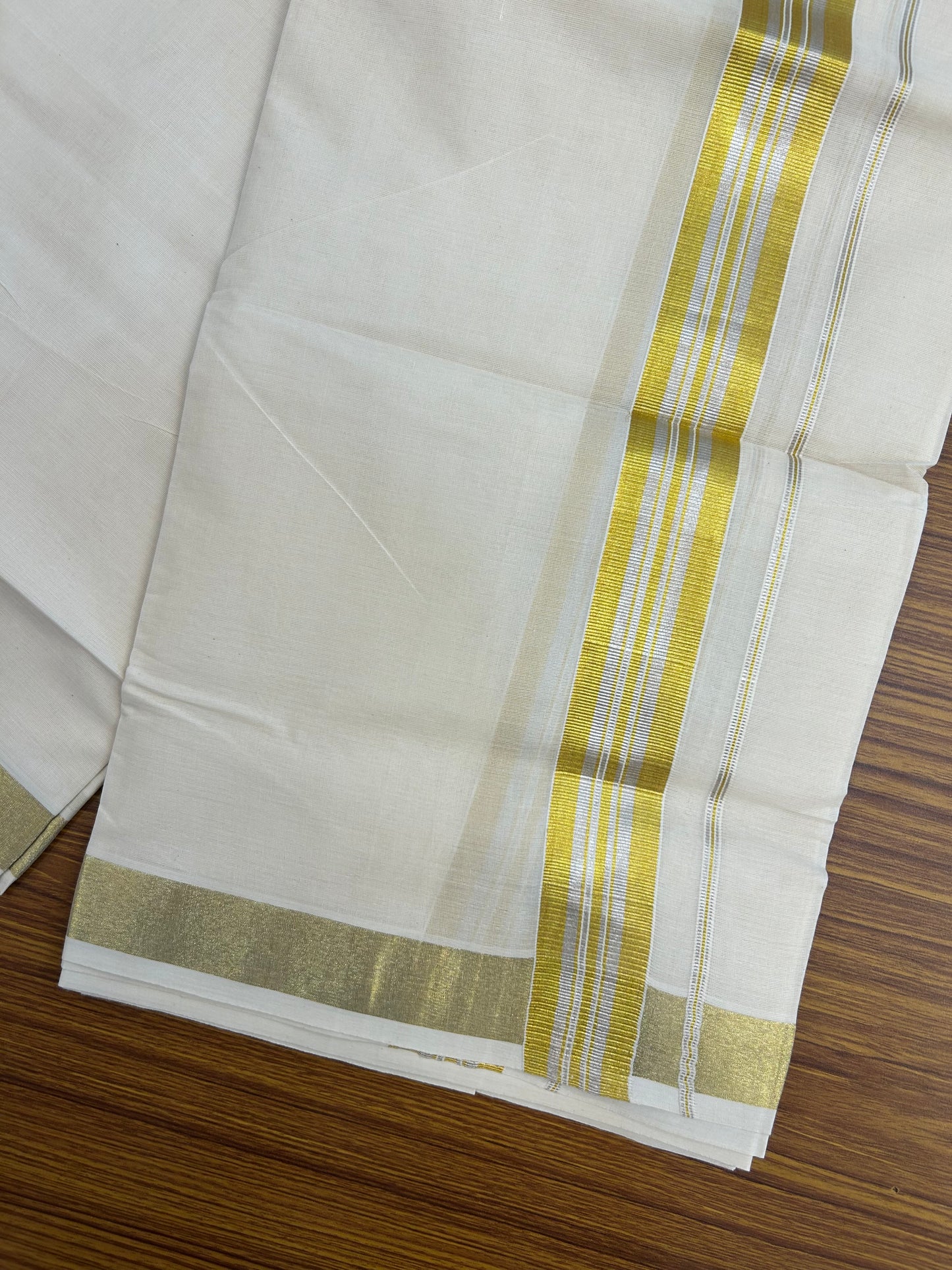 20% Discount ! KaithariKada Balaramapuram - 100% Pure Cotton Off White - (Unbleached) Double Mundu/Dhoti - 100X80 - 1.5 inch Gold Kasavu & Silver Kasavu Striped Kara - 6 KK5250 VIN