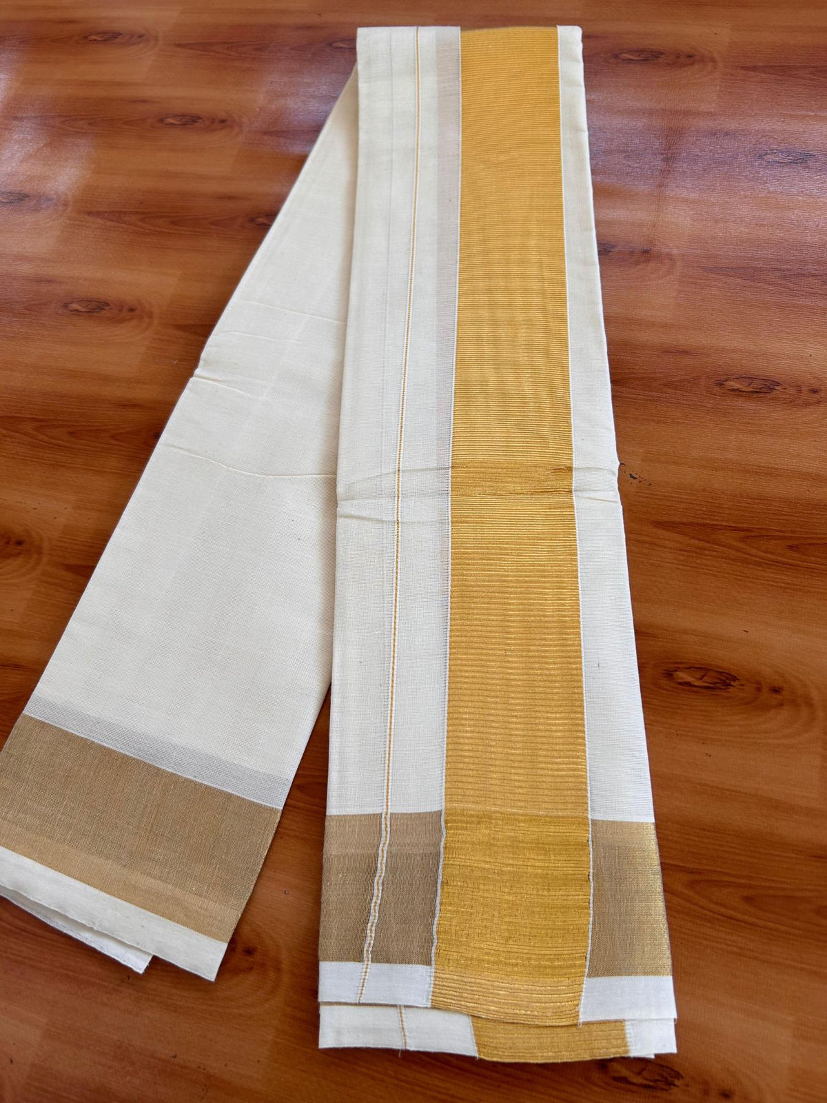 Neriyath Off White (Unbleached) - KaithariKada - Mixed Cotton - 2.25 Inch Gold Kasavu Kara - 1.70 mtr (3.64 muzham)- 7 KK5531 PMC